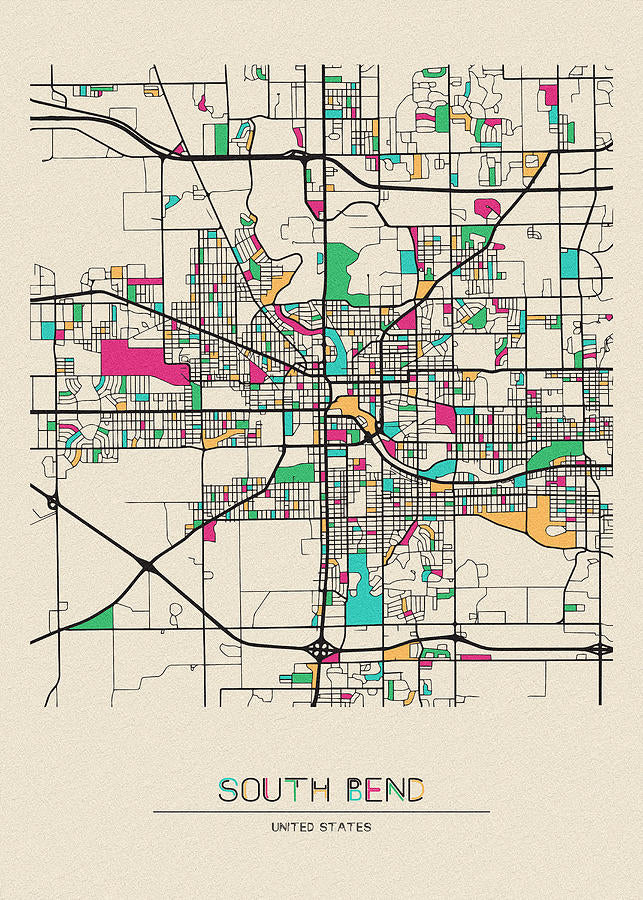 South Bend, Indiana City Map Art Print | RedKalion
