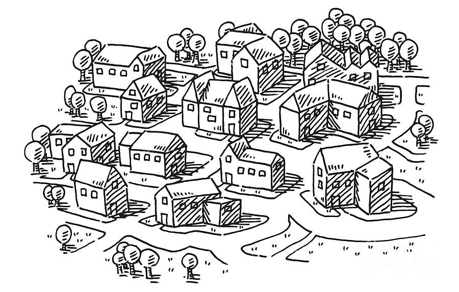 Town Neighborhood Drawing Art Print | Museum-Quality Reproduction | RedKalion
