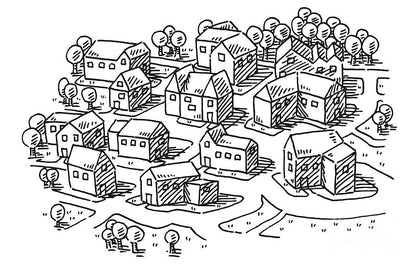 Town Neighborhood Drawing Art Print | Museum-Quality Reproduction | RedKalion