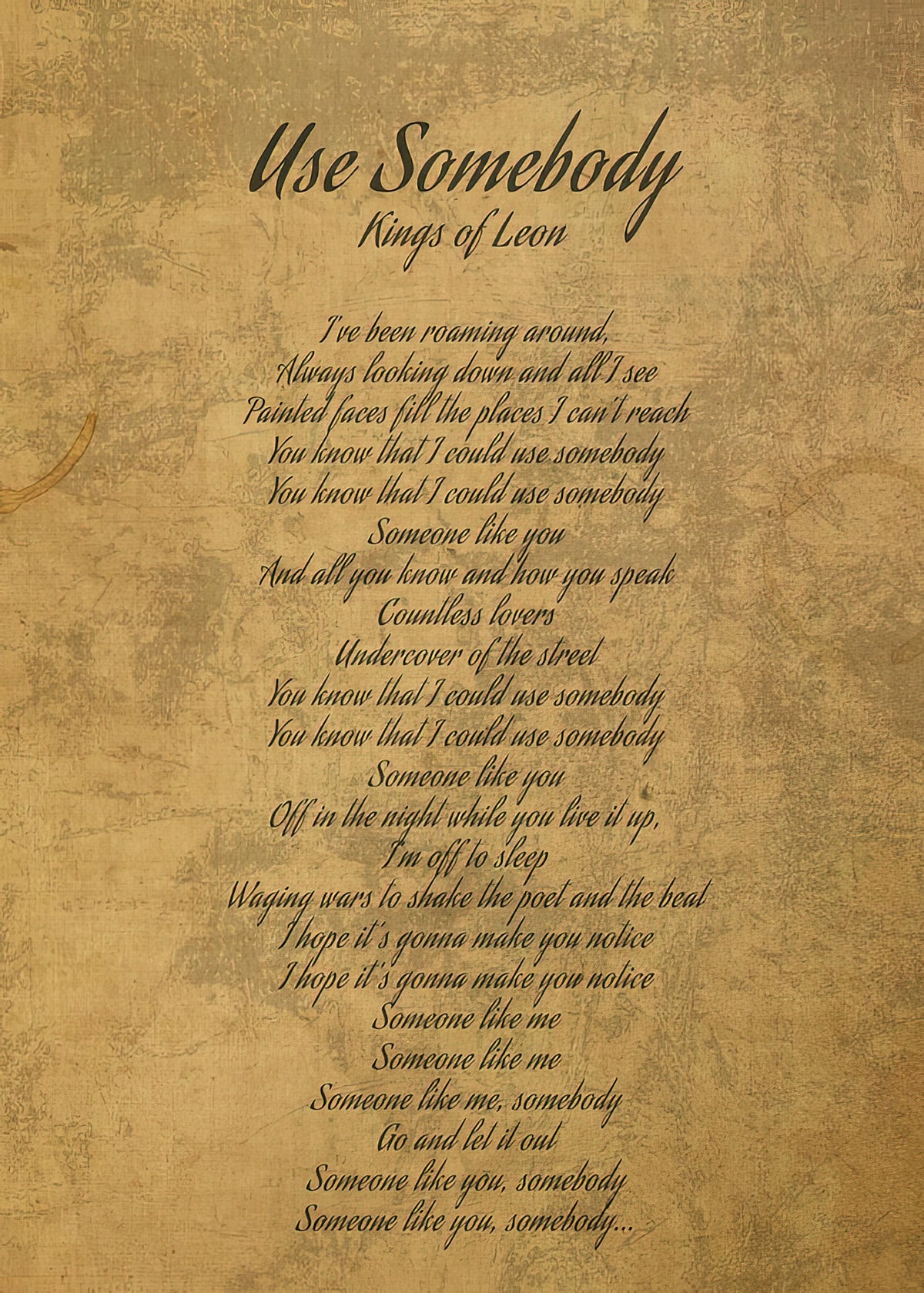 Use Somebody by Kings of Leon Vintage Song Lyrics Art Print | RedKalion