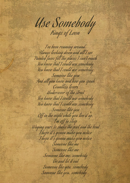 Use Somebody by Kings of Leon Vintage Song Lyrics Art Print | RedKalion