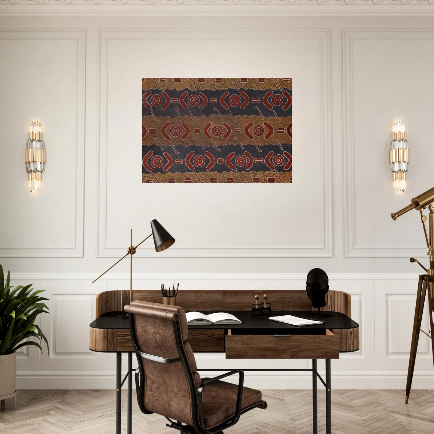 Men's Dreaming - Native Art - Clifford Possum Tjapaltjarri Brushed Aluminum Print - 70x100 cm / 28x40 inches | Clifford Possum Tjapaltjarri Aluminum Print | Clifford Possum Tjapaltjarri Prints