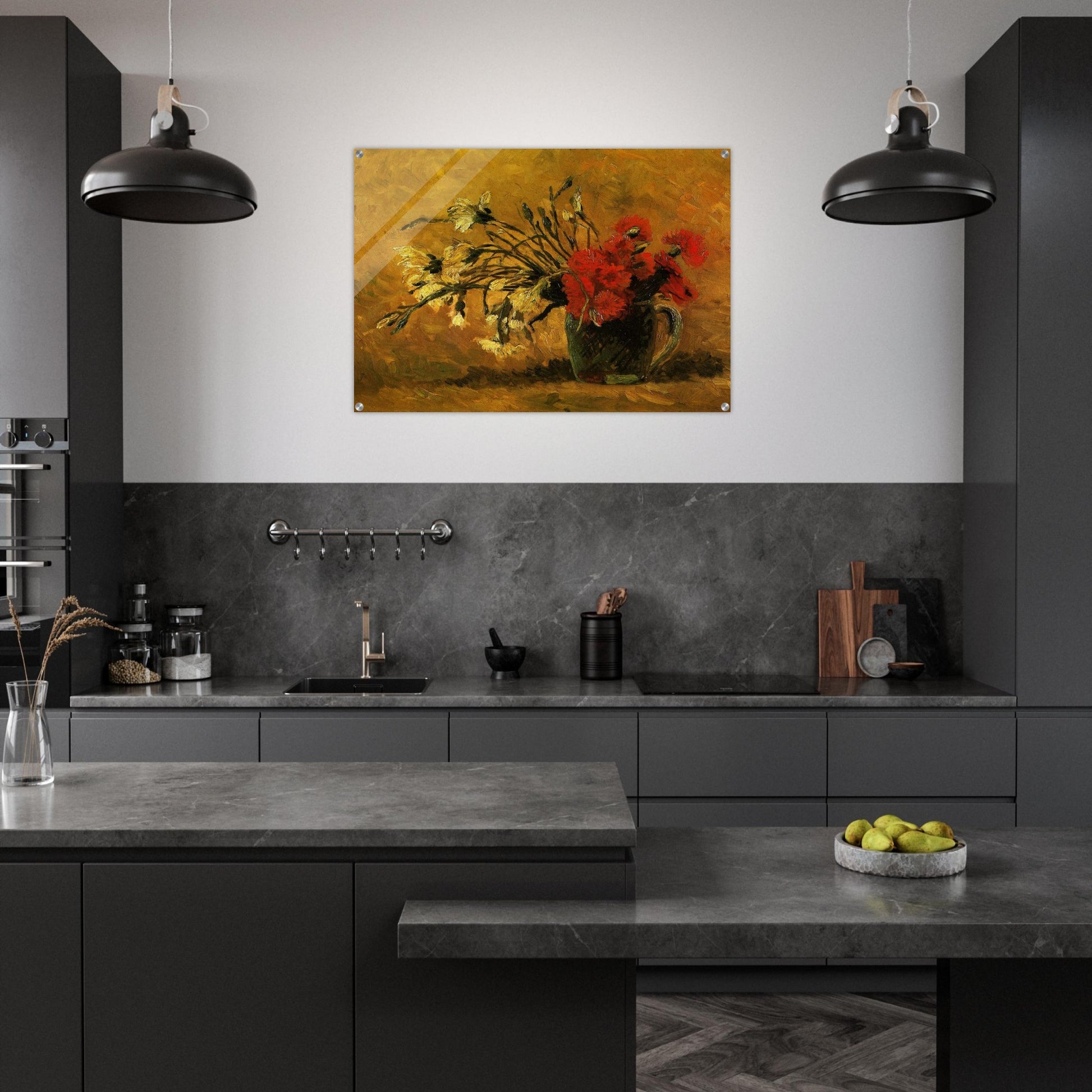Vase with Red and White Carnations on a Yellow Background - Vincent van Gogh Acrylic Print - 70x100 cm / 28x40″ inches