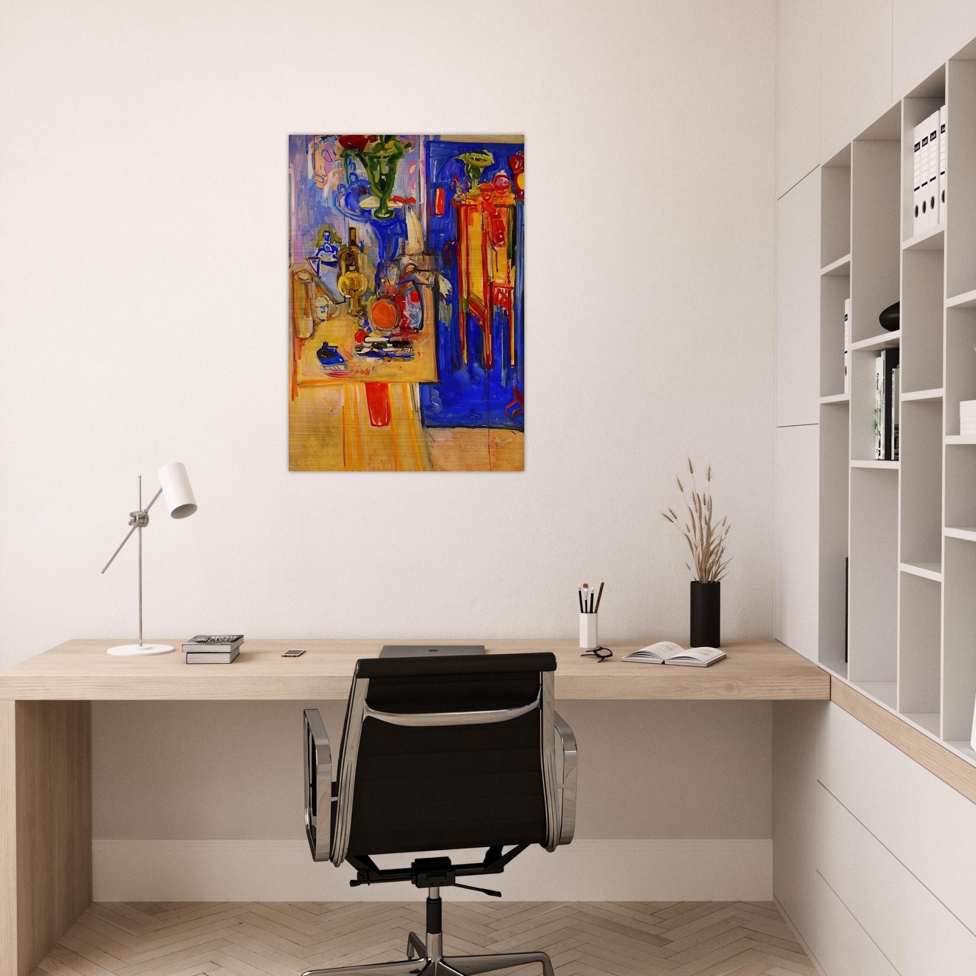 Table with Teakettle, Green Vase and Red Flowers - Hans Hofmann Brushed Aluminum Print - 70x100 cm / 28x40 inches | Hans Hofmann Aluminum Print | Hans Hofmann Prints