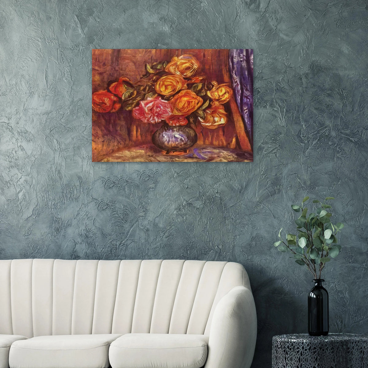 Roses Before the Blue Curtain - Pierre-Auguste Renoir Brushed Aluminum Print - 70x100 cm / 28x40 inches | Pierre-Auguste Renoir Aluminum Print | Pierre-Auguste Renoir Prints