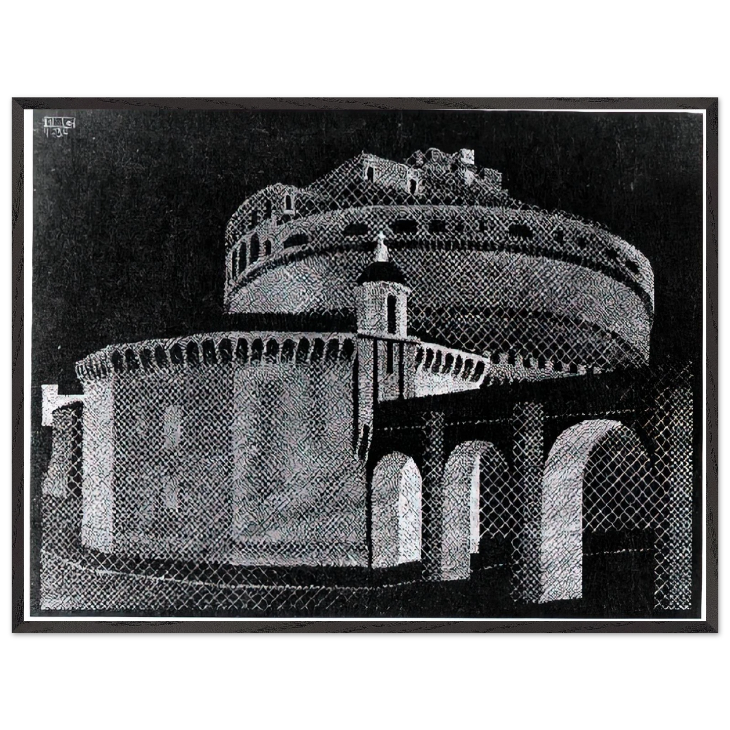MC Escher - NOCTURNAL ROME CASTEL SANT ANGELO Wall Art - 21x29.7 cm / 8x12" - Premium Wooden Framed Poster With Fine Art Paper - Wood frame