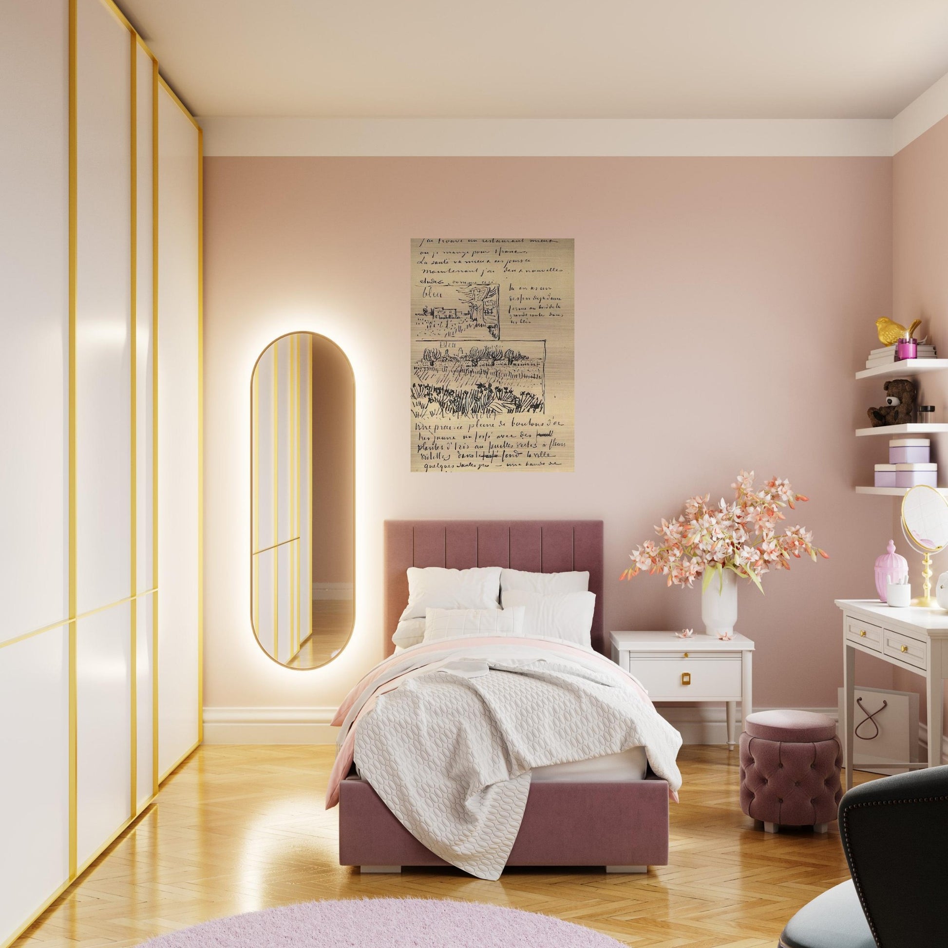 Farmhouse with Wheat Field along a Road and Field with Flowers - Vincent van Gogh Brushed Aluminum Print - 70x100 cm / 28x40 inches | Vincent van Gogh Aluminum Print | Vincent van Gogh Prints