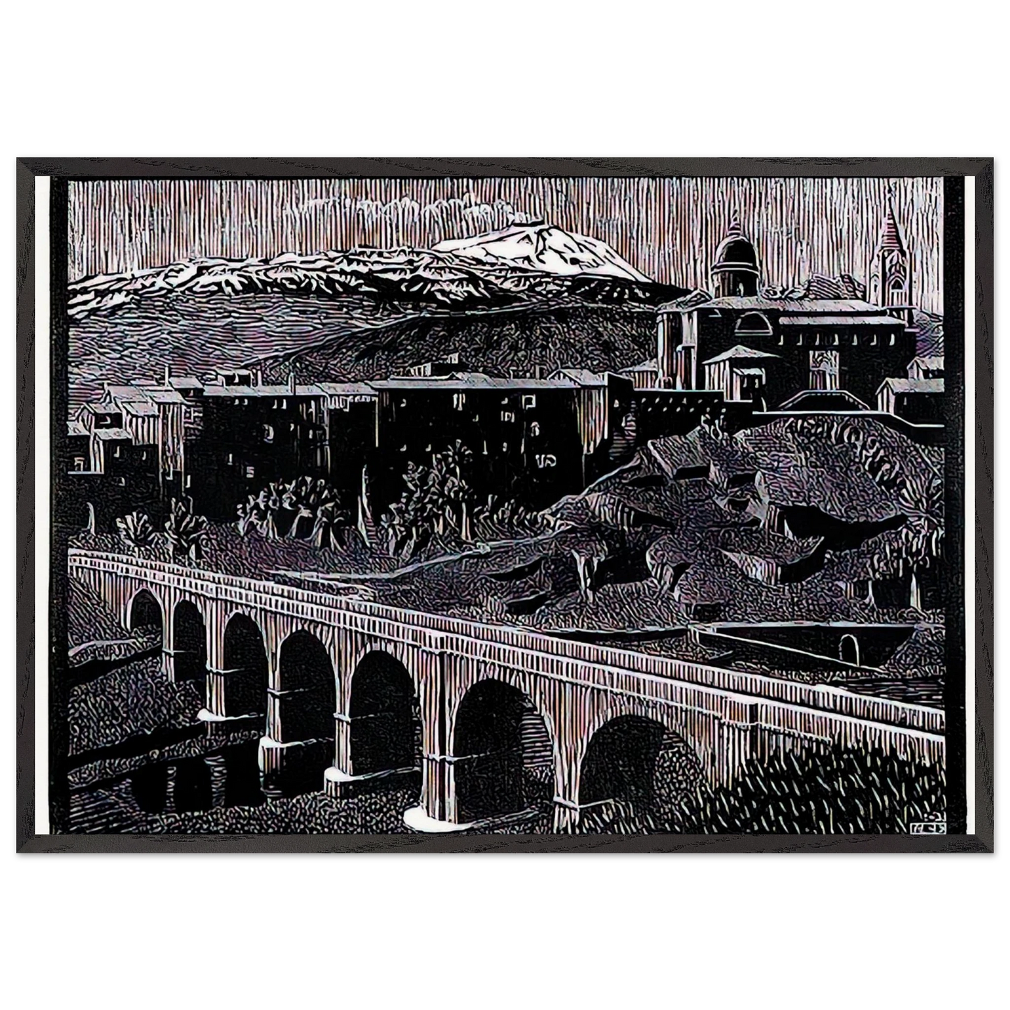 RANDAZZO AND MOUNT ETNA SICILY JANUARY 1933 1933 - MC Escher 70x100 cm / 28x40 inches Framed Art Print – Black Wooden Frame | Maurits Cornelis Escher Prints