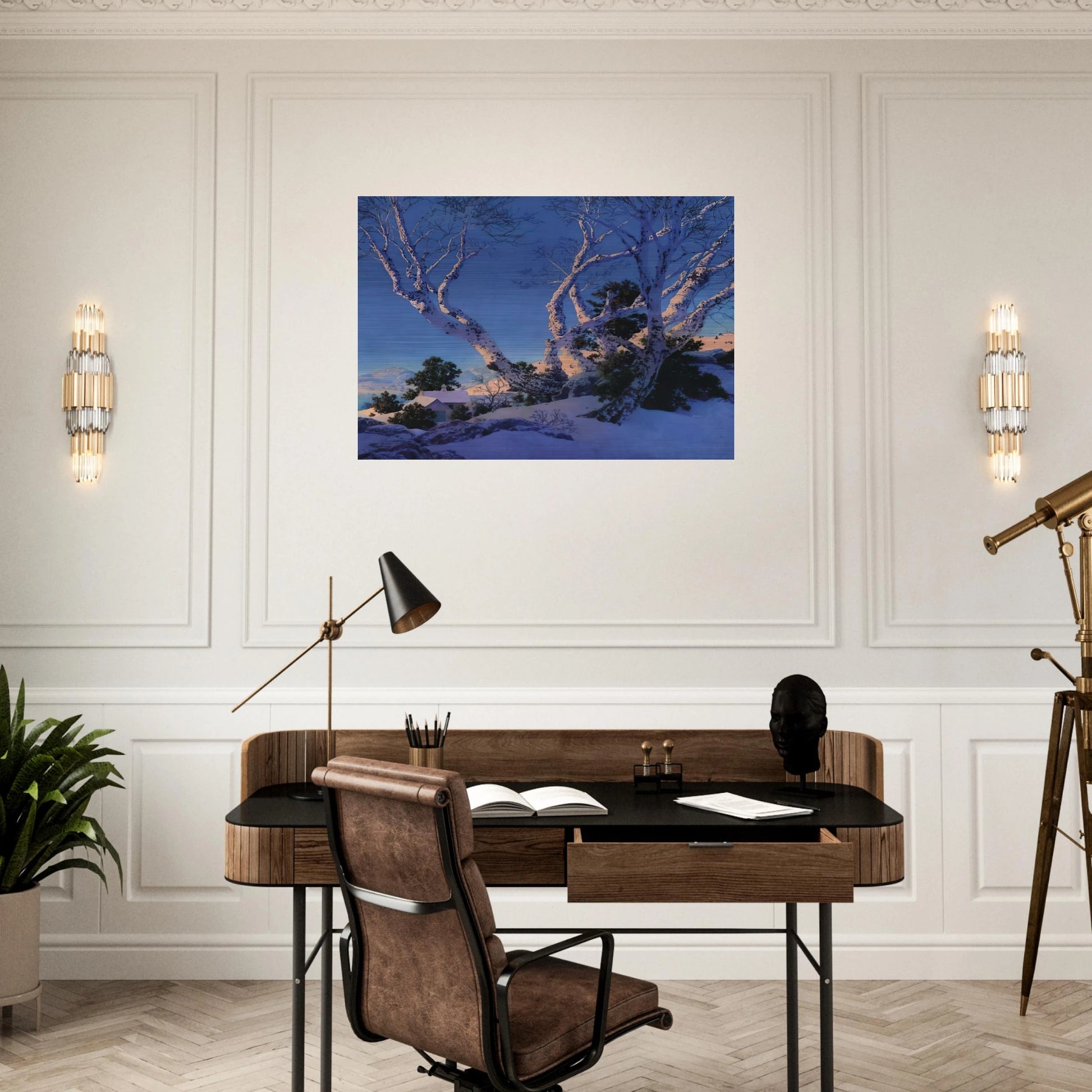 Birches in Winter - Maxfield Parrish Brushed Aluminum Print - 70x100 cm / 28x40 inches | Maxfield Parrish Aluminum Print | Maxfield Parrish Prints