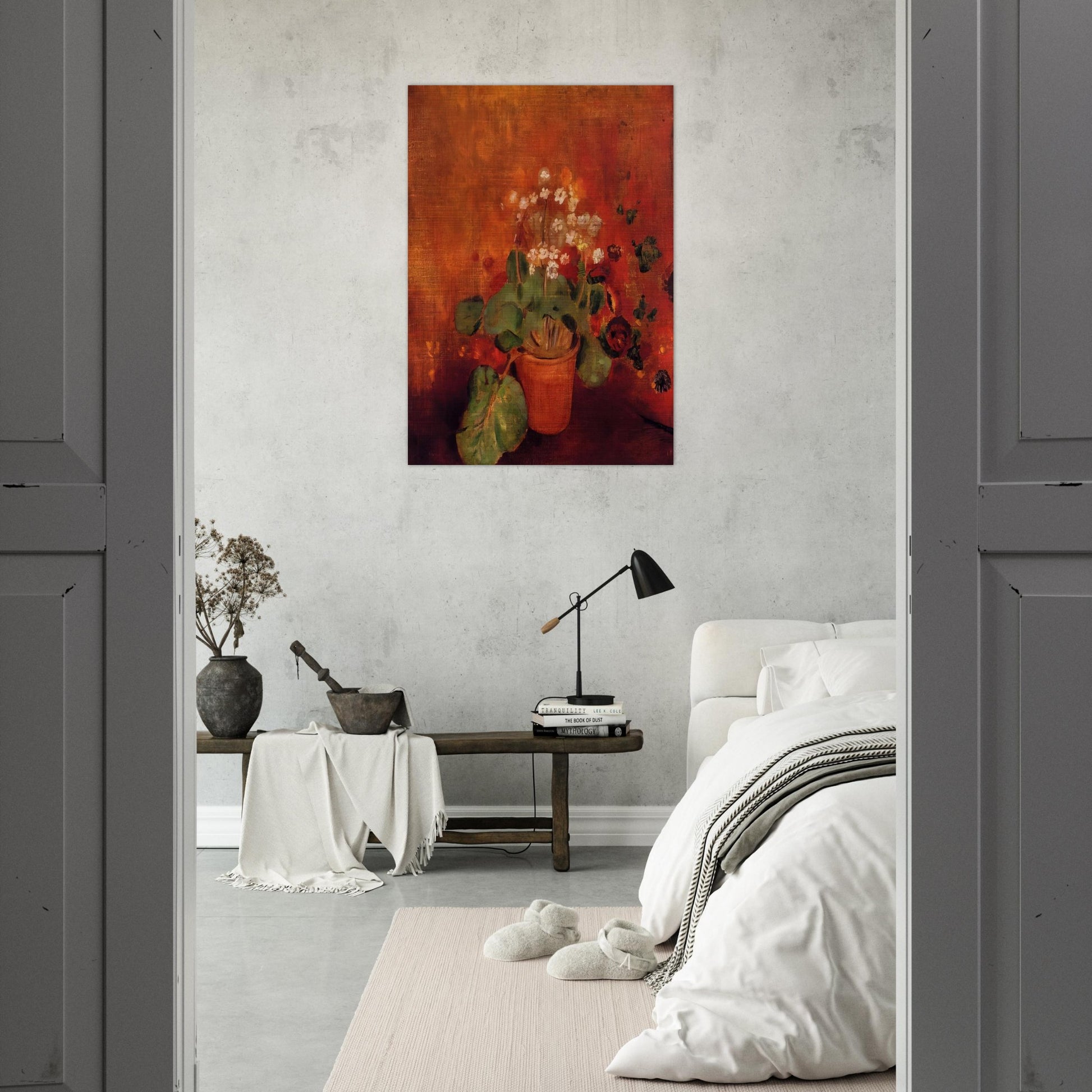 FLOWERS IN A POT ON A RED BACKGROUND - Odilon Redon Brushed Aluminum Print - 70x100 cm / 28x40 inches | Odilon Redon Aluminum Print | Odilon Redon Prints