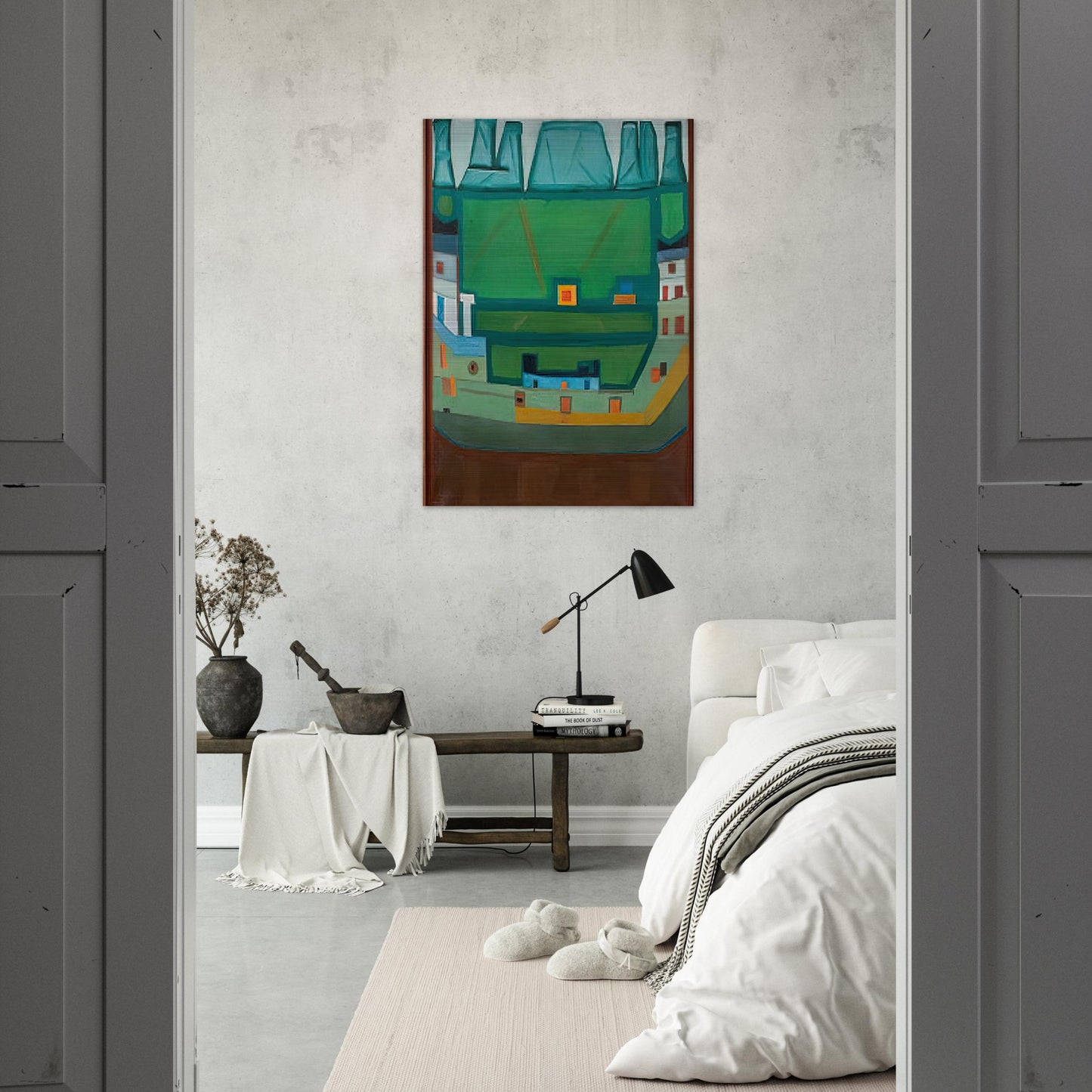 CITY AT THE FOOT OF THE MOUNTAINS LANDSCAPE - Jerzy Nowosielski Brushed Aluminum Print - 70x100 cm / 28x40 inches | Jerzy Nowosielski Aluminum Print | Jerzy Nowosielski Prints