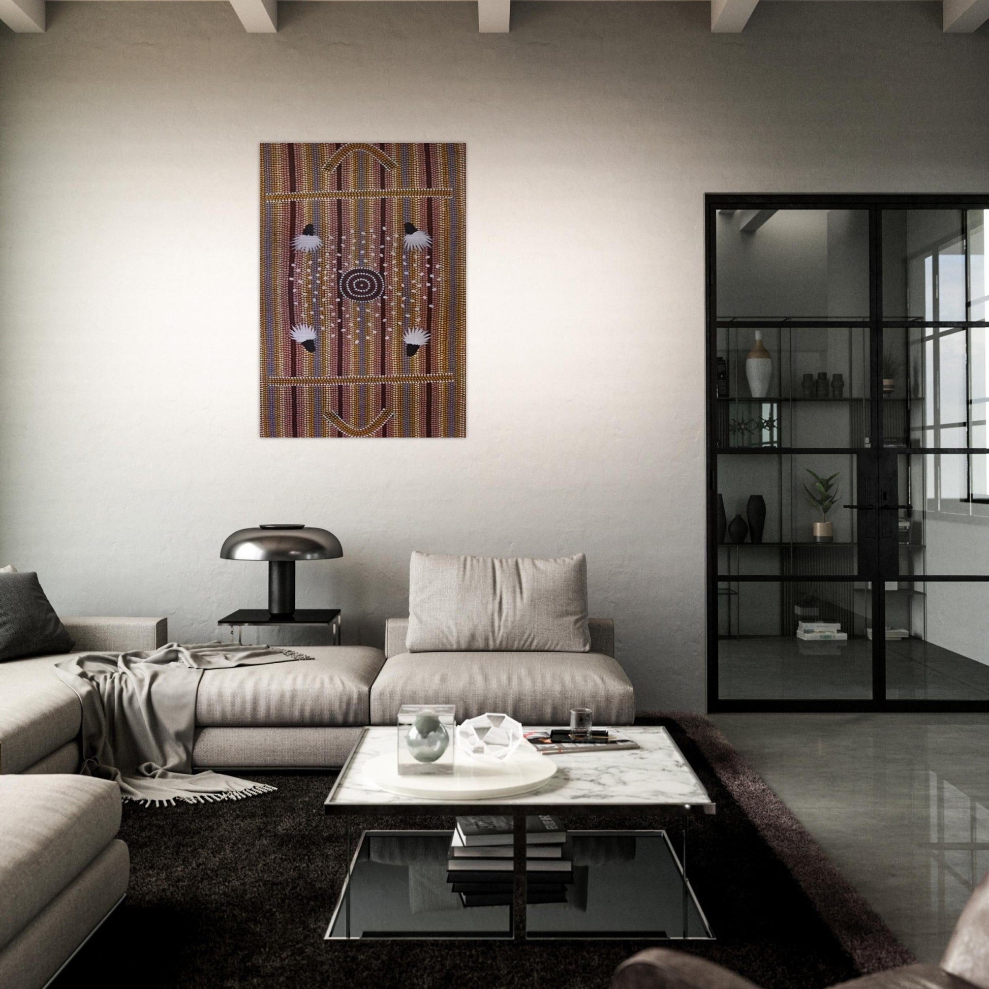 Bush Plum Dreaming - Native Art - Clifford Possum Tjapaltjarri Brushed Aluminum Print - 70x100 cm / 28x40 inches | Clifford Possum Tjapaltjarri Aluminum Print | Clifford Possum Tjapaltjarri Prints