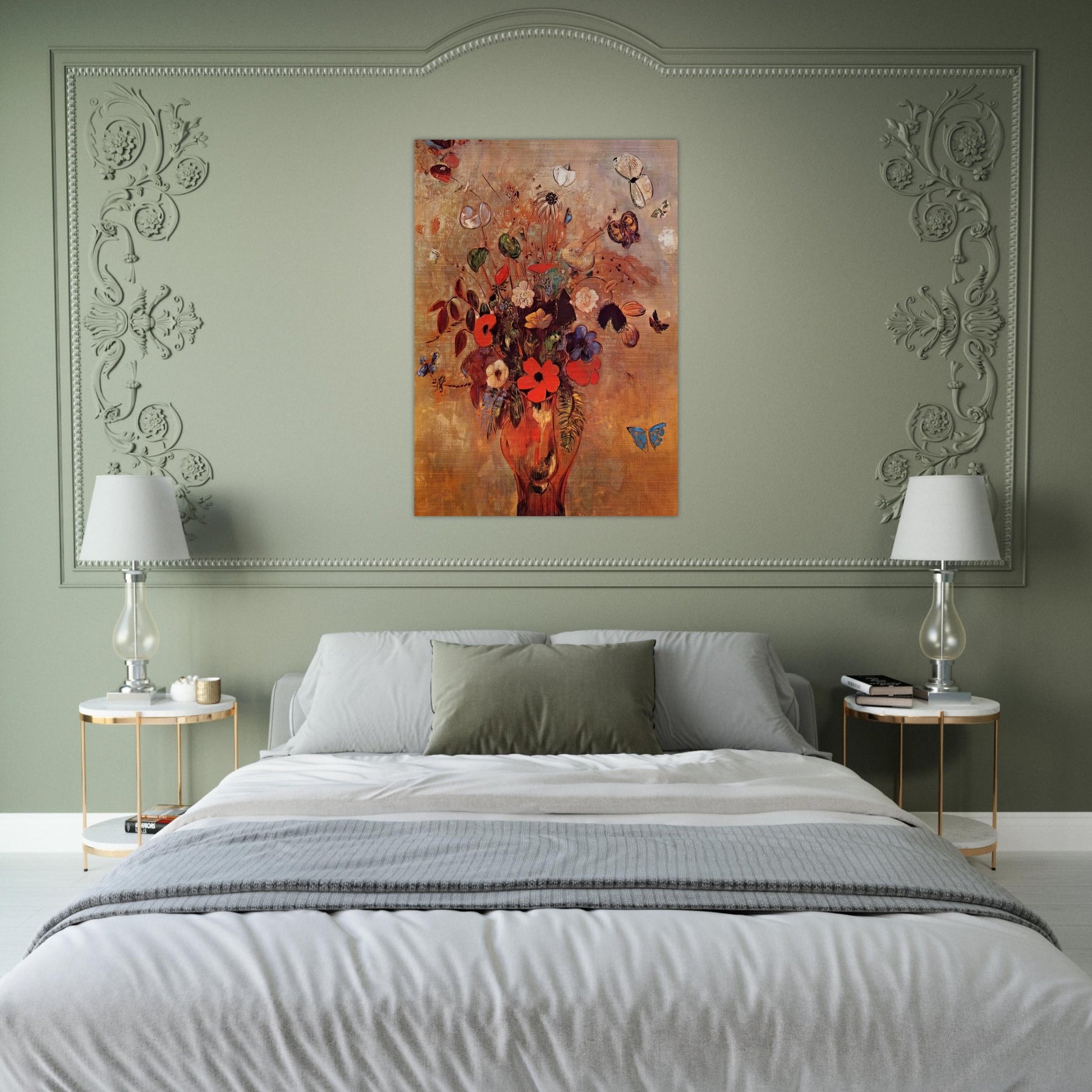 VASE WITH FLOWERS AND BUTTERFLIES - Odilon Redon Brushed Aluminum Print - 70x100 cm / 28x40 inches | Odilon Redon Aluminum Print | Odilon Redon Prints