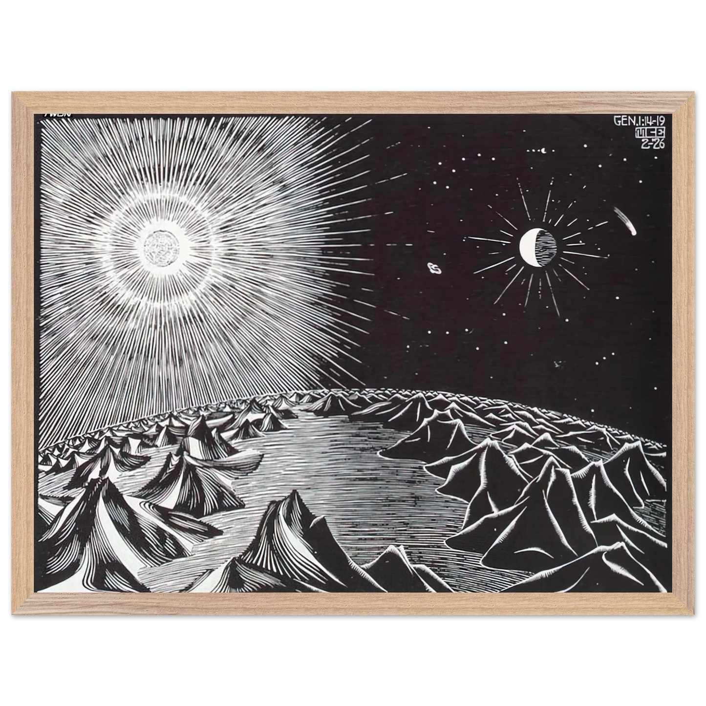 MC Escher - THE 4TH DAY OF THE CREATION Wall Art - 30x40 cm / 12x16 inches - Premium Wooden Framed Poster With Fine Art Paper-canvas - Black frame