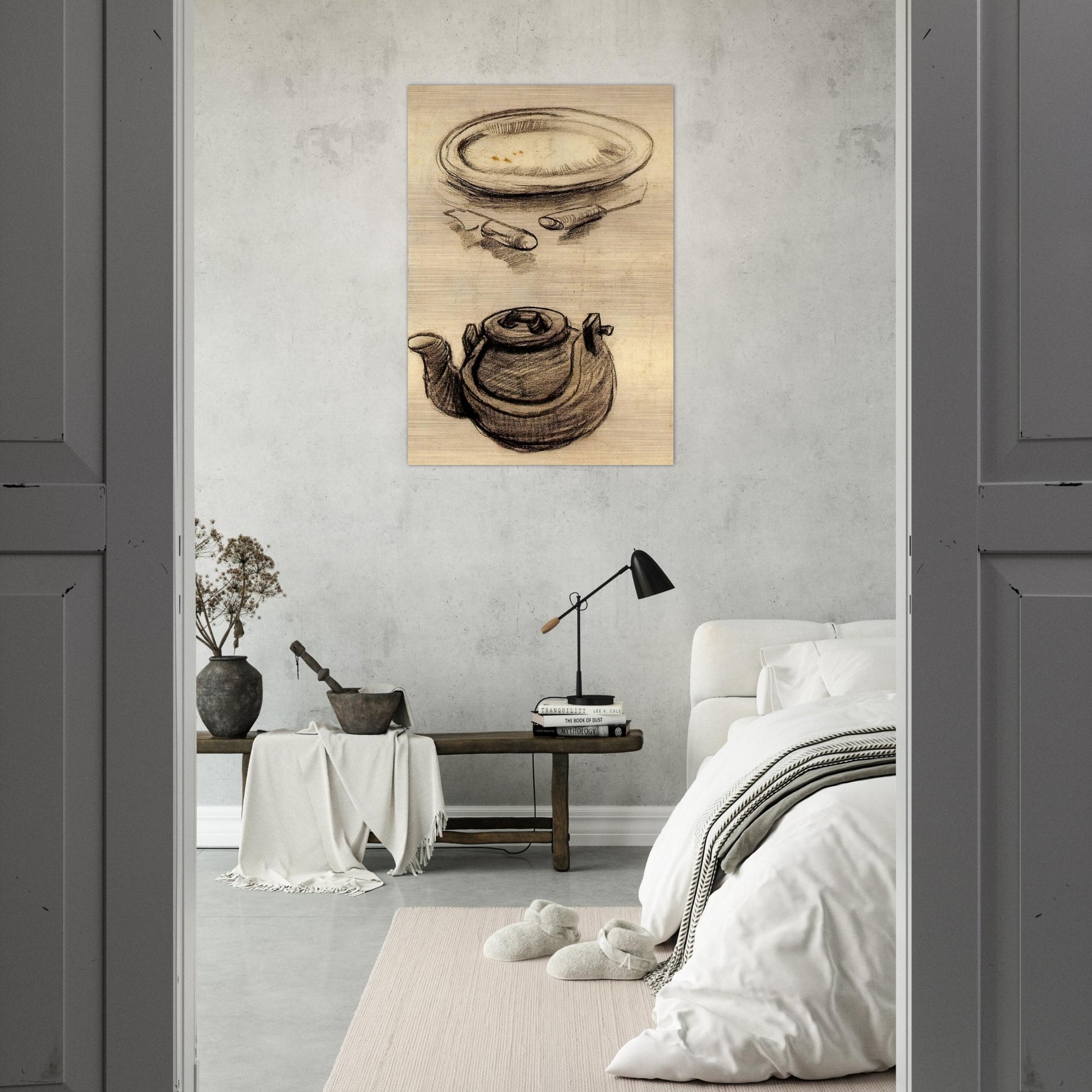 Plate with Cutlery and a Kettle - Vincent van Gogh Brushed Aluminum Print - 70x100 cm / 28x40 inches | Vincent van Gogh Aluminum Print | Vincent van Gogh Prints