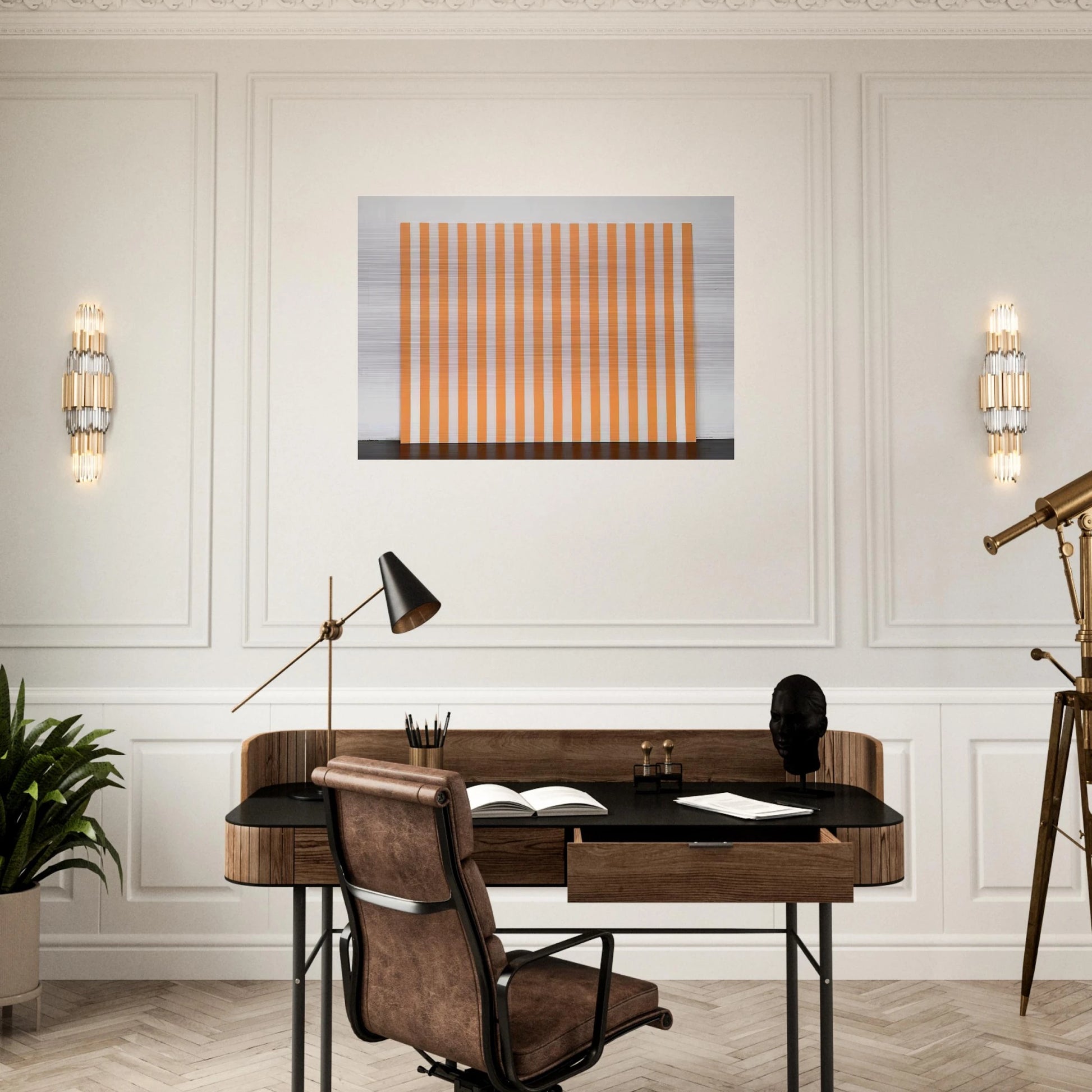 Peinture acrylique blanche sur tissu rayé blanc et orange - 1972 - Daniel Buren Brushed Aluminum Print - 70x100 cm / 28x40 inches | Daniel Buren Aluminum Print | Daniel Buren Prints