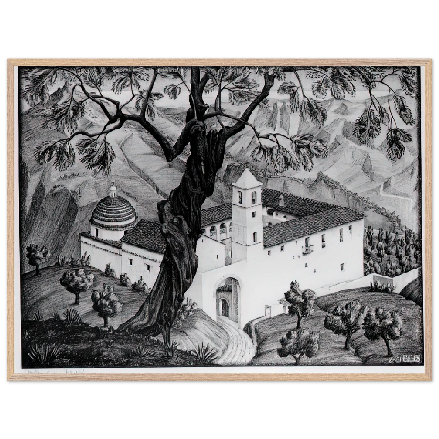 MC Escher - CLOISTER NEAR ROCCA IMPERIALE CALABRIA Wall Art - 30x40 cm / 12x16 inches - Premium Wooden Framed Poster With Fine Art Paper-canvas - White frame