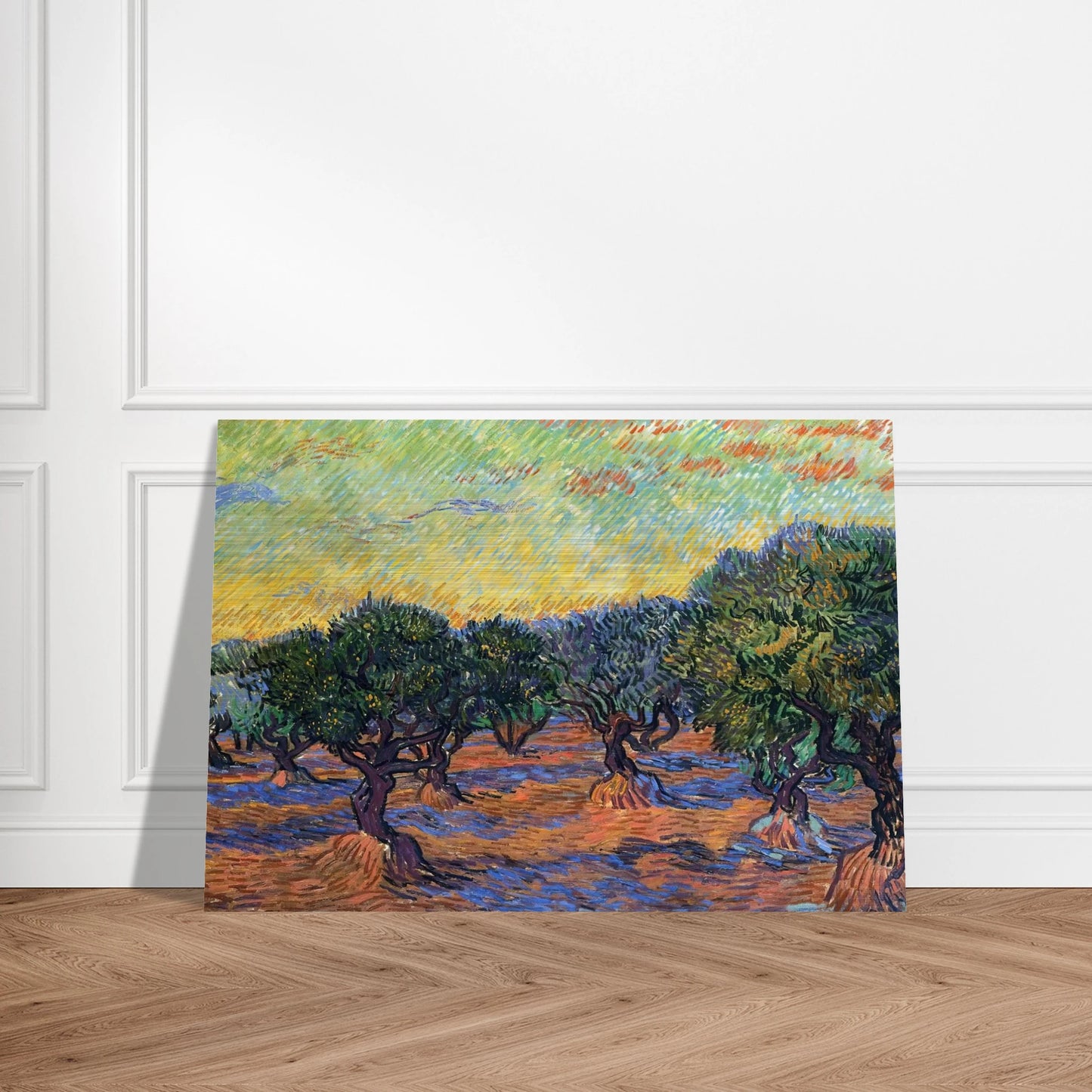 Olive Grove - Orange Sky - Vincent van Gogh Brushed Aluminum Print - 70x100 cm / 28x40 inches | Vincent van Gogh Aluminum Print | Vincent van Gogh Prints