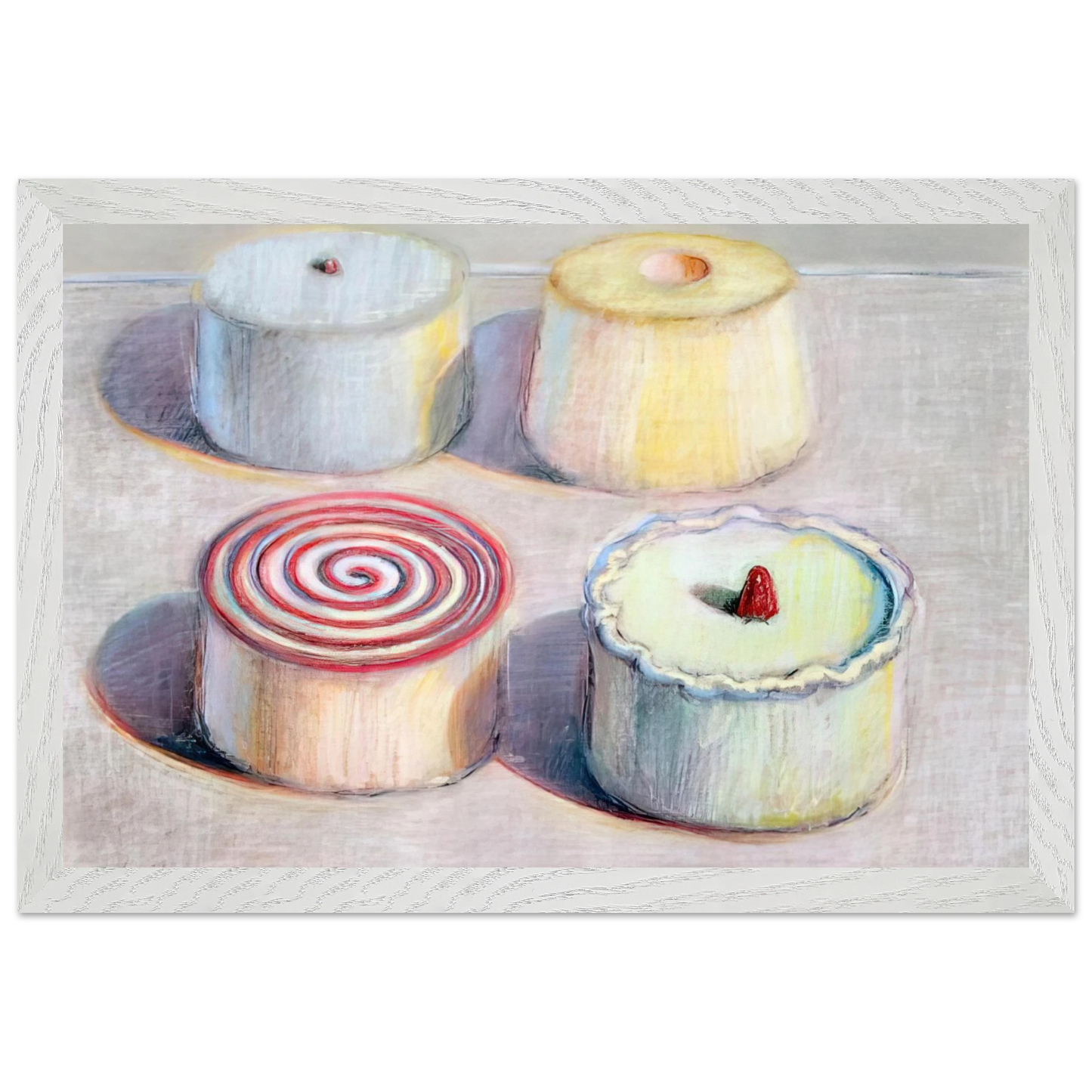 Wayne Thiebaud - Four Cakes - 1996 Wall Art - 21x29.7 cm / 8x12" - Premium Wooden Framed Poster With Fine Art Paper - Wood frame