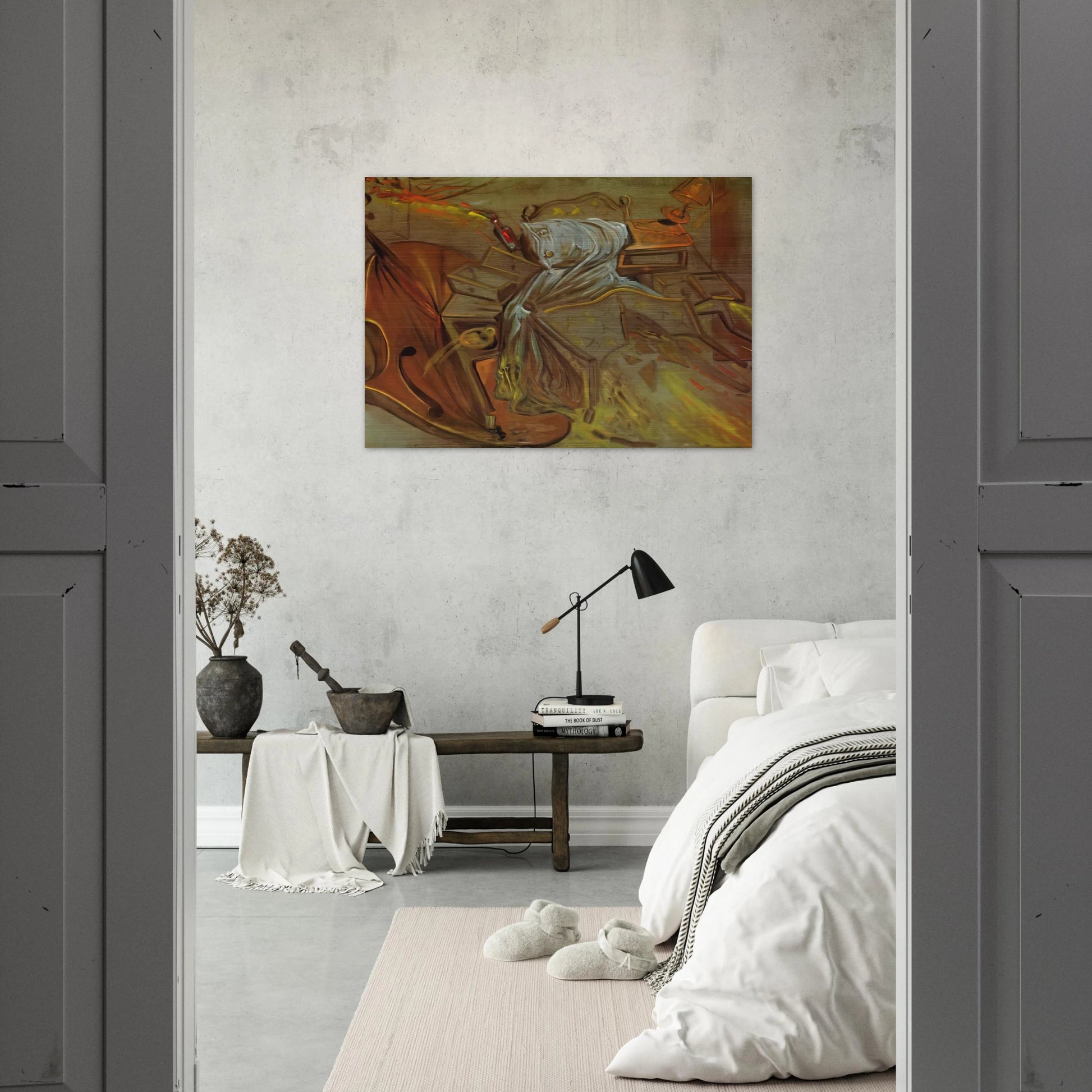 BED AND TWO BEDSIDE TABLES FEROCIOUSLY ATTACKING A CELLO - Salvador Dali Brushed Aluminum Print - 70x100 cm / 28x40 inches | Salvador Dali Aluminum Print | Salvador Dali Prints