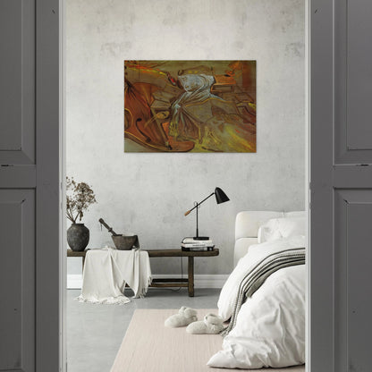 BED AND TWO BEDSIDE TABLES FEROCIOUSLY ATTACKING A CELLO - Salvador Dali Brushed Aluminum Print - 70x100 cm / 28x40 inches | Salvador Dali Aluminum Print | Salvador Dali Prints