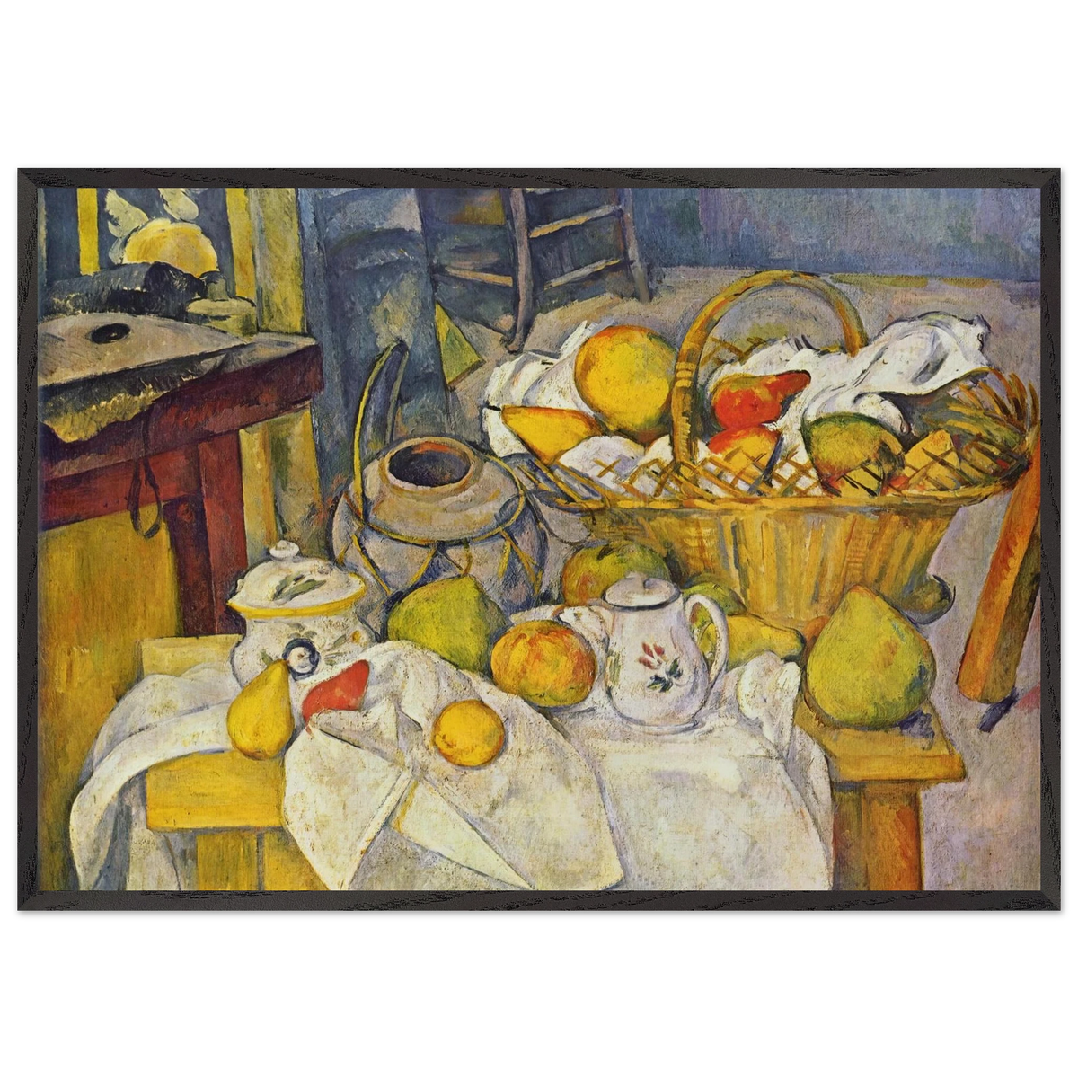Still life with basket Kitchen table - Paul Cezanne 70x100 cm / 28x40 inches Framed Art Print – Black Wooden Frame