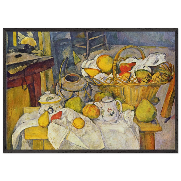 Still life with basket Kitchen table - Paul Cezanne 70x100 cm / 28x40 inches Framed Art Print – Black Wooden Frame