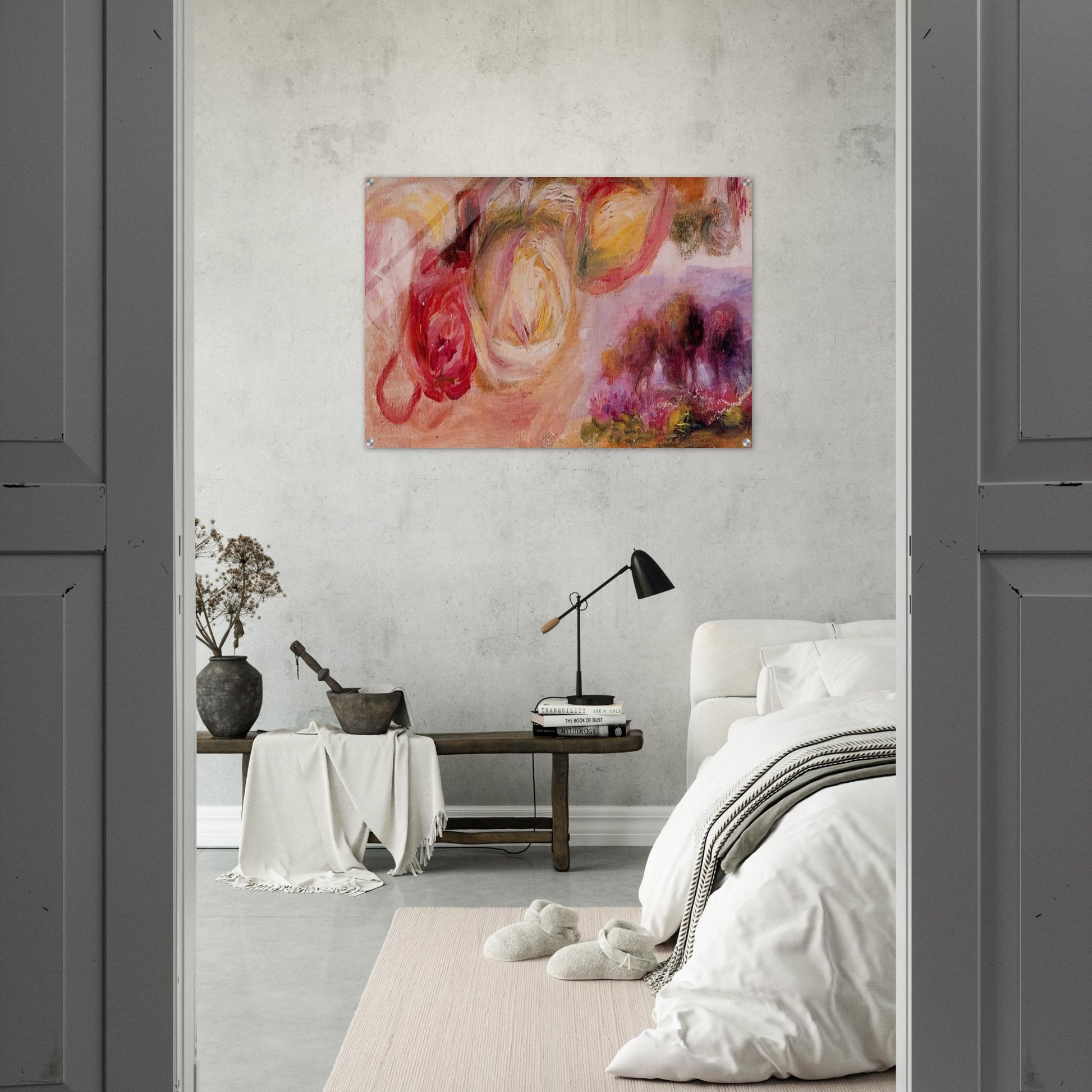 Roses with a Landscape - Pierre-Auguste Renoir Acrylic Print - 70x100 cm / 28x40″ inches