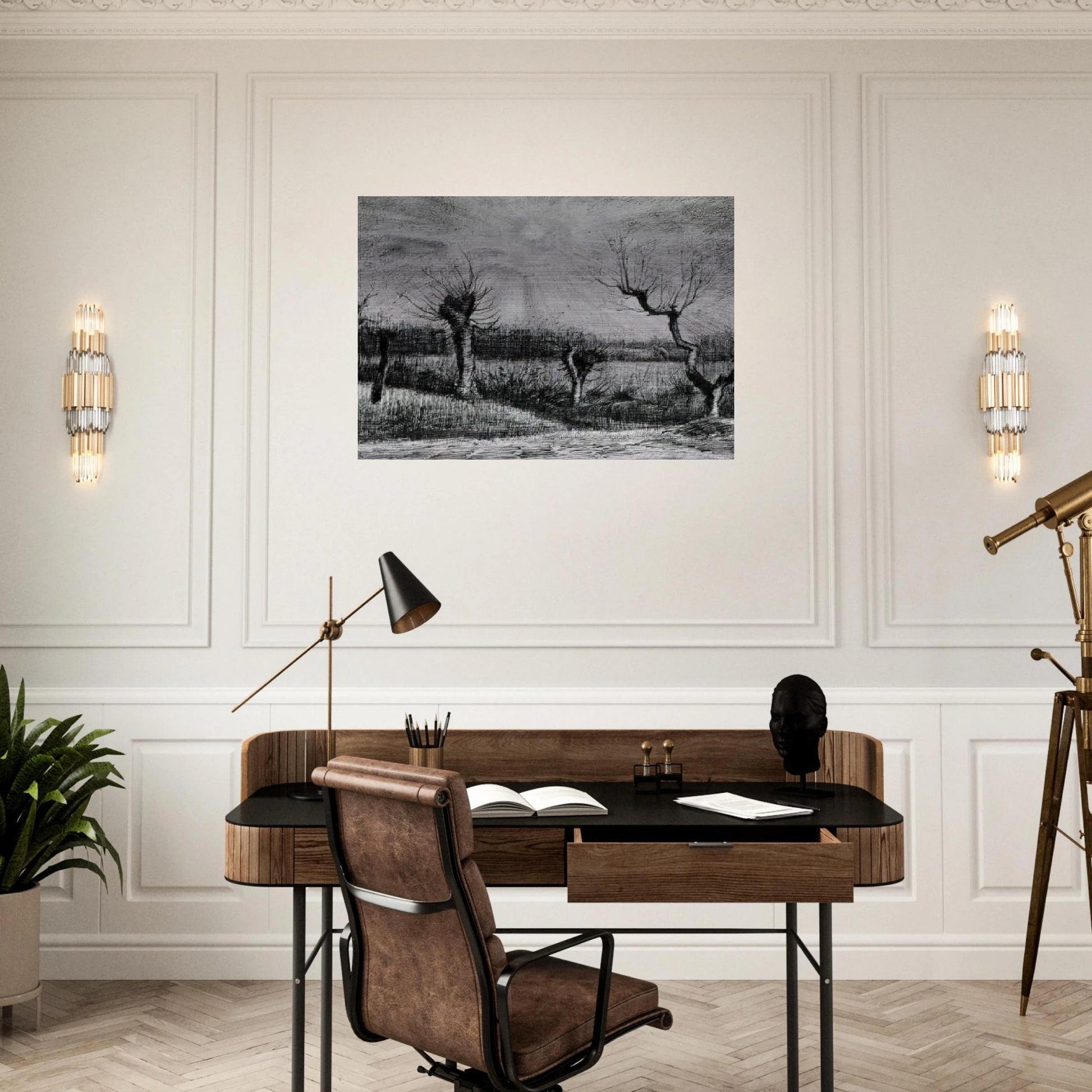 Landscape with Willows and Sun Shining Through the Clouds - Vincent van Gogh Brushed Aluminum Print - 70x100 cm / 28x40 inches | Vincent van Gogh Aluminum Print | Vincent van Gogh Prints