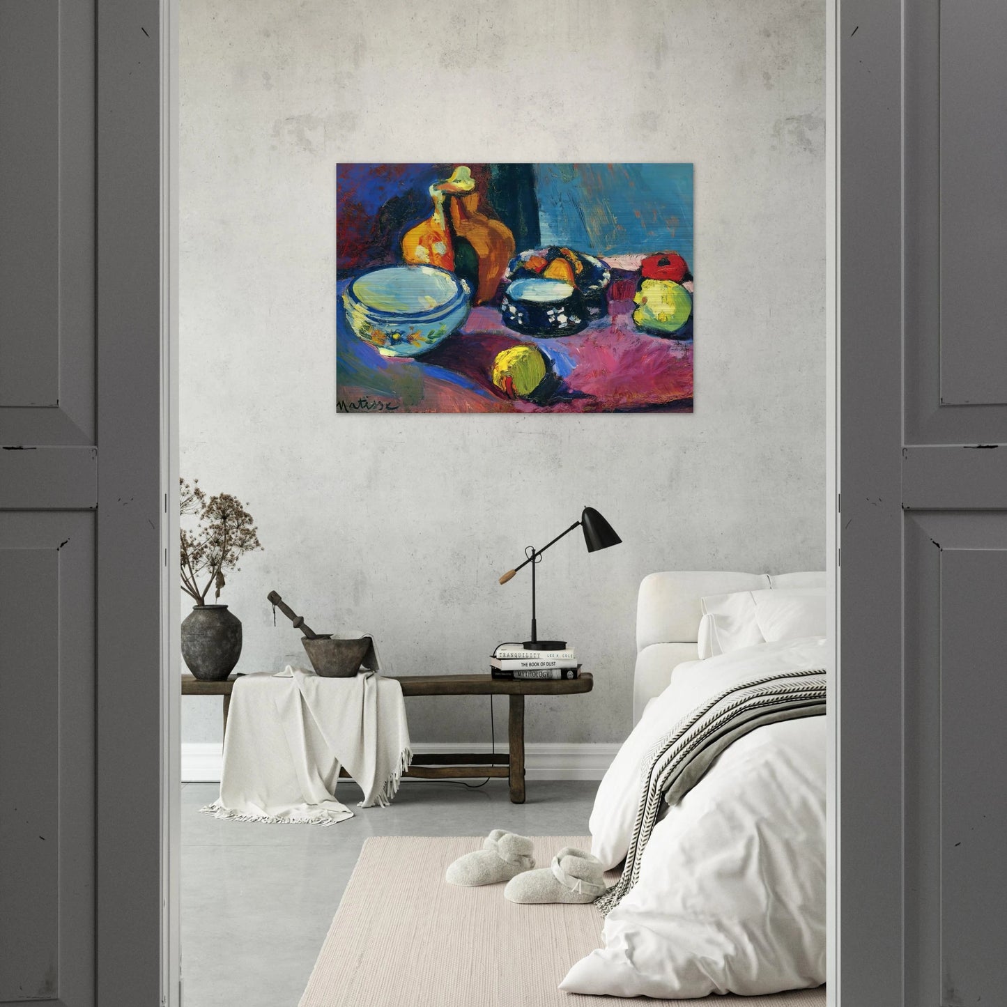 DISHES AND FRUIT ON A RED AND BLACK CARPET 1901 - Henri Matisse Brushed Aluminum Print - 70x100 cm / 28x40 inches | Henri Matisse Aluminum Print | Henri Matisse Prints