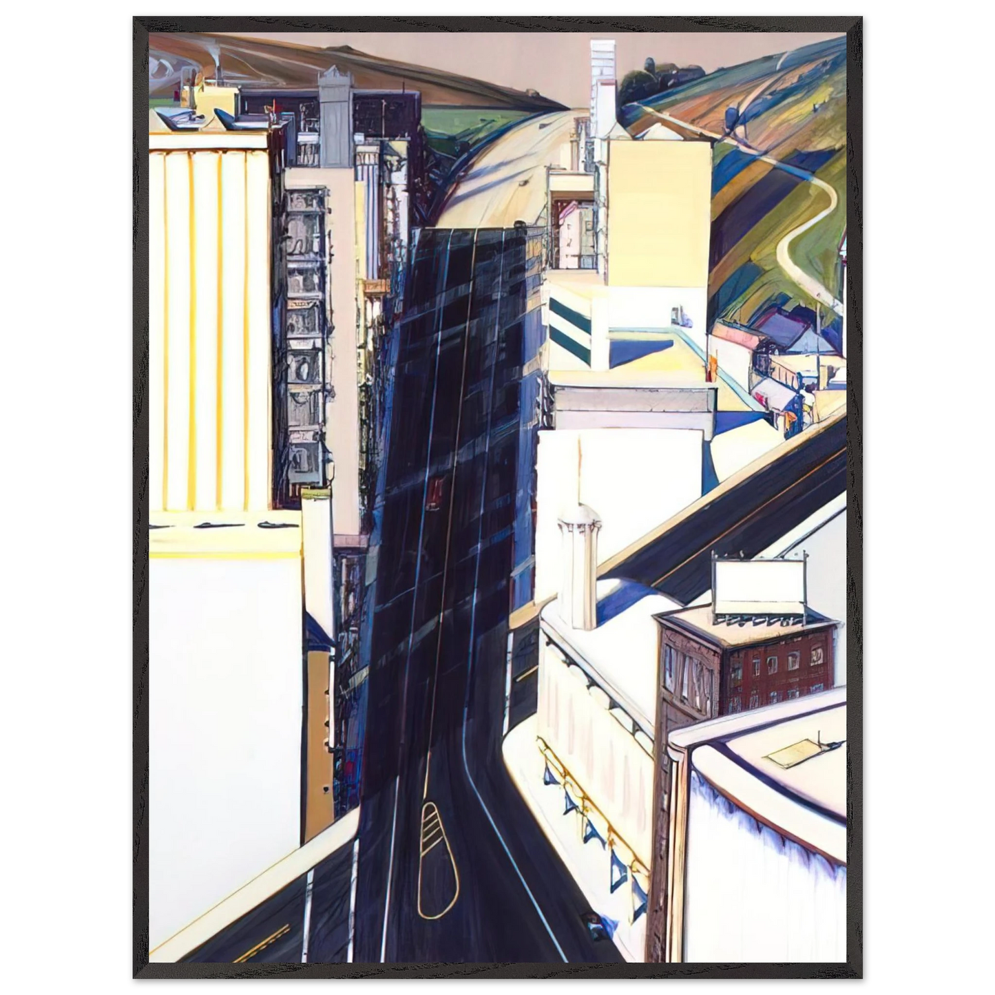 Wayne Thiebaud - Sunset Streets - 1985 Wall Art - 21x29.7 cm / 8x12" - Premium Wooden Framed Poster With Fine Art Paper - Black frame