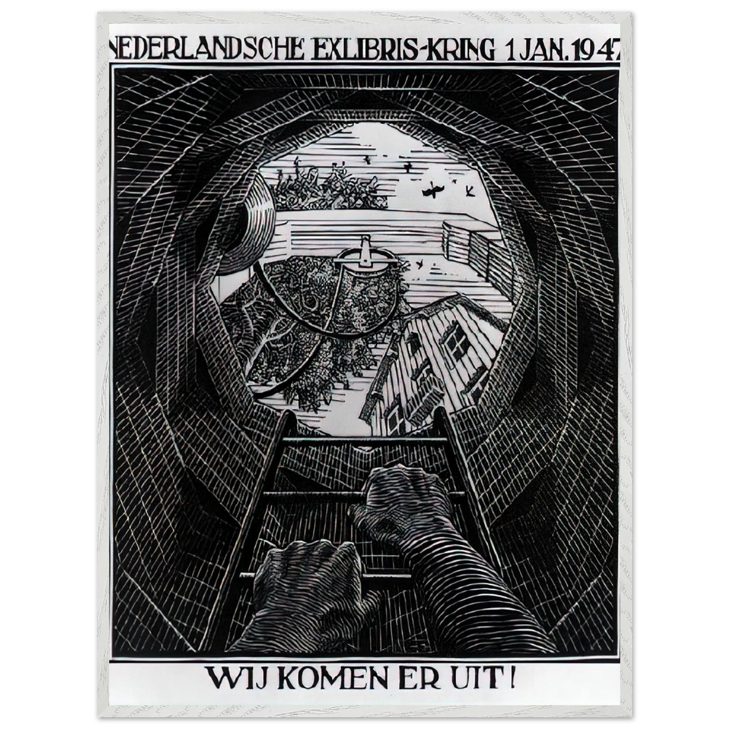 MC Escher - NEW YEAR S GREETING CARD Wall Art - 21x29.7 cm / 8x12" - Premium Wooden Framed Poster With Fine Art Paper-canvas - Black frame