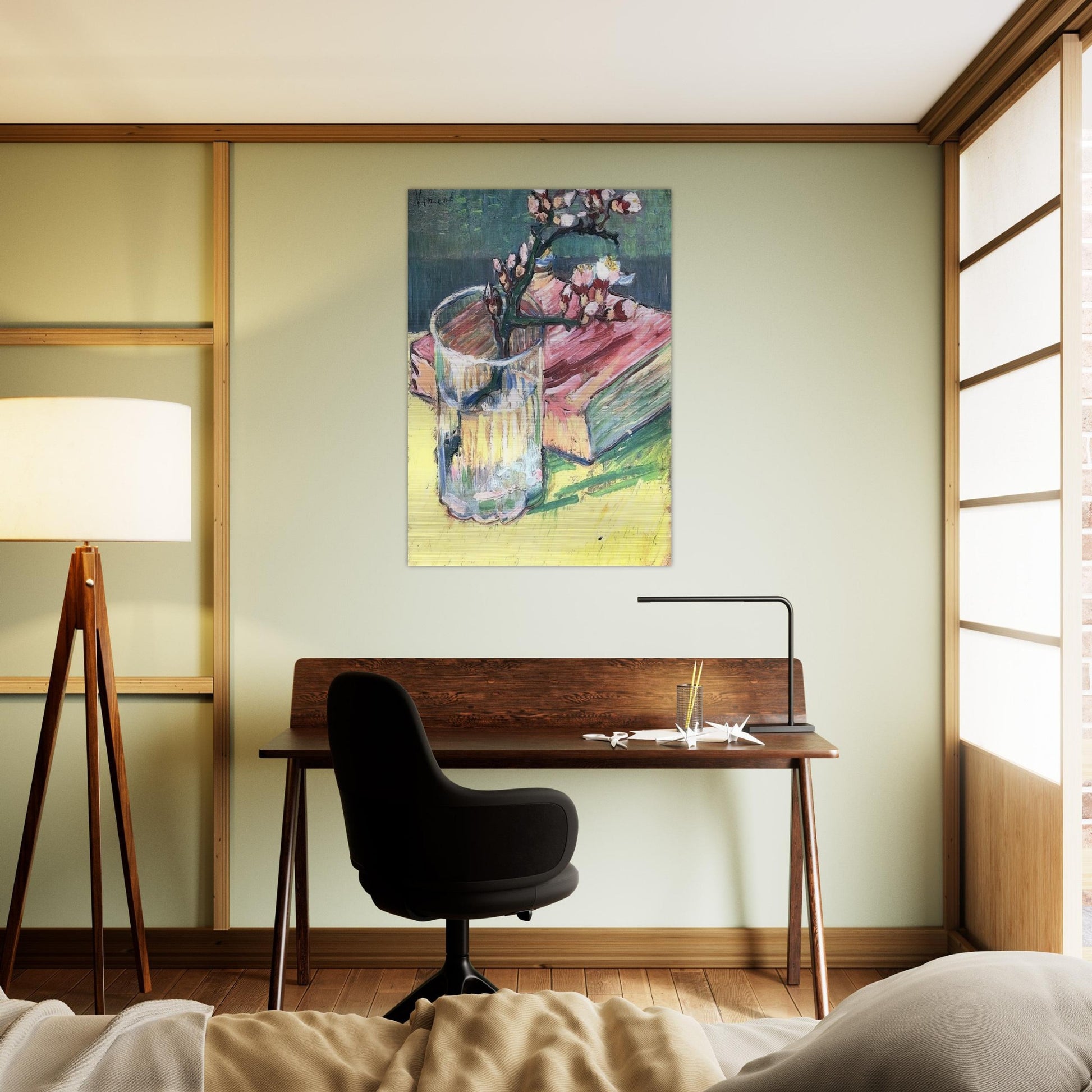 Blossoming Almond Branch in a Glass with a Book - Vincent van Gogh Brushed Aluminum Print - 70x100 cm / 28x40 inches | Vincent van Gogh Aluminum Print | Vincent van Gogh Prints