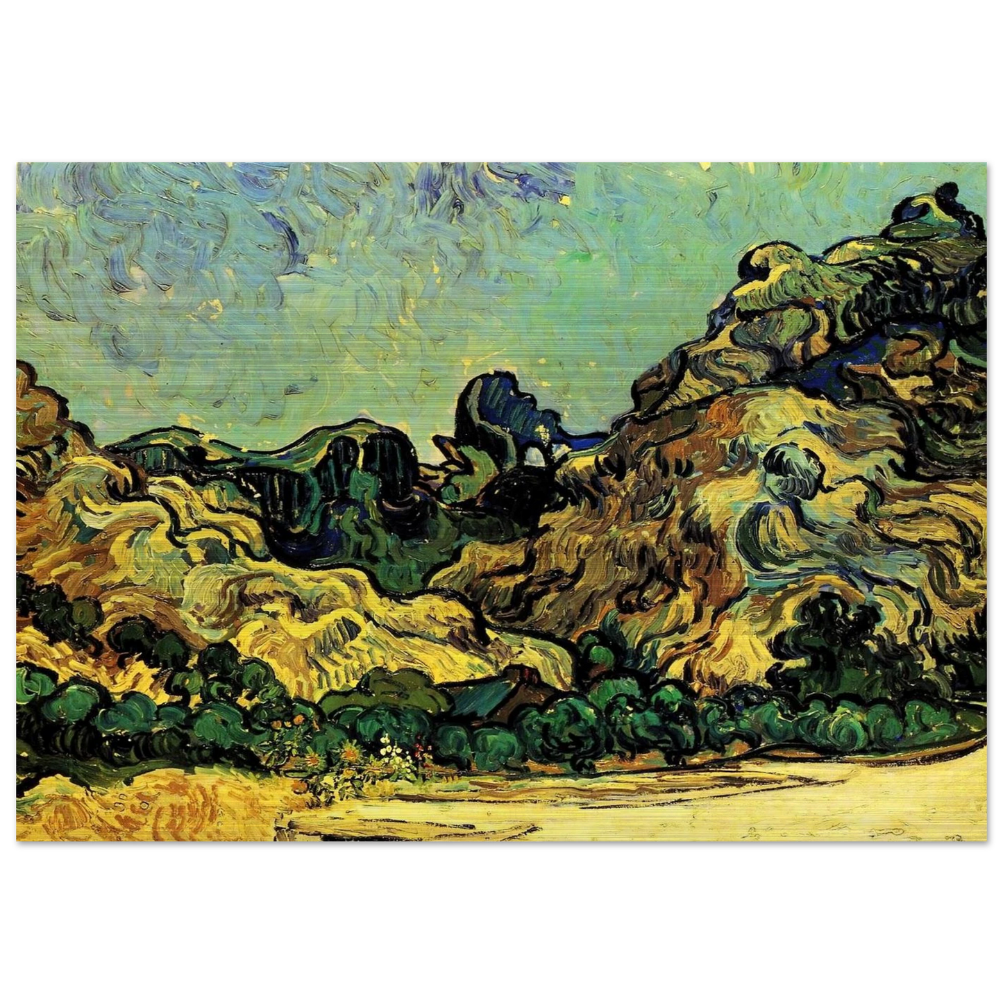 Mountains at Saint-Remy with Dark Cottage - Vincent van Gogh Brushed Aluminum Print - 70x100 cm / 28x40 inches | Vincent van Gogh Aluminum Print | Vincent van Gogh Prints