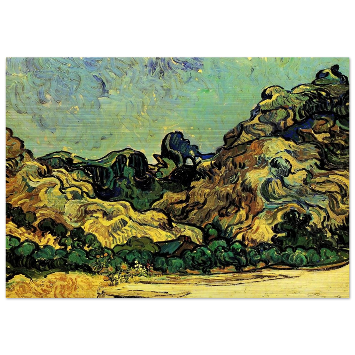 Mountains at Saint-Remy with Dark Cottage - Vincent van Gogh Brushed Aluminum Print - 70x100 cm / 28x40 inches | Vincent van Gogh Aluminum Print | Vincent van Gogh Prints