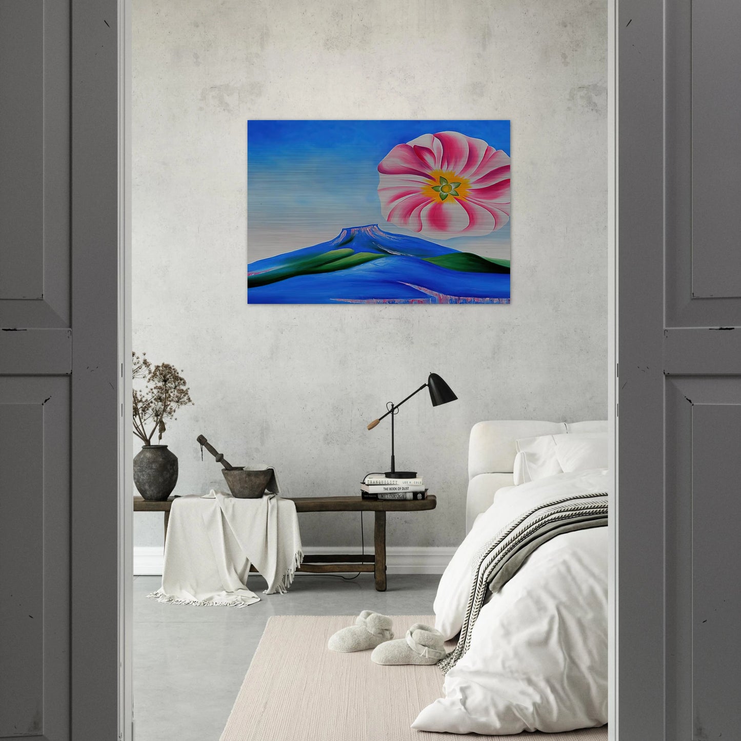 Hollyhock Pink with Pedernal - Georgia O'Keeffe Brushed Aluminum Print - 70x100 cm / 28x40 inches | Georgia O'Keeffe Aluminum Print | Georgia O'Keeffe Prints