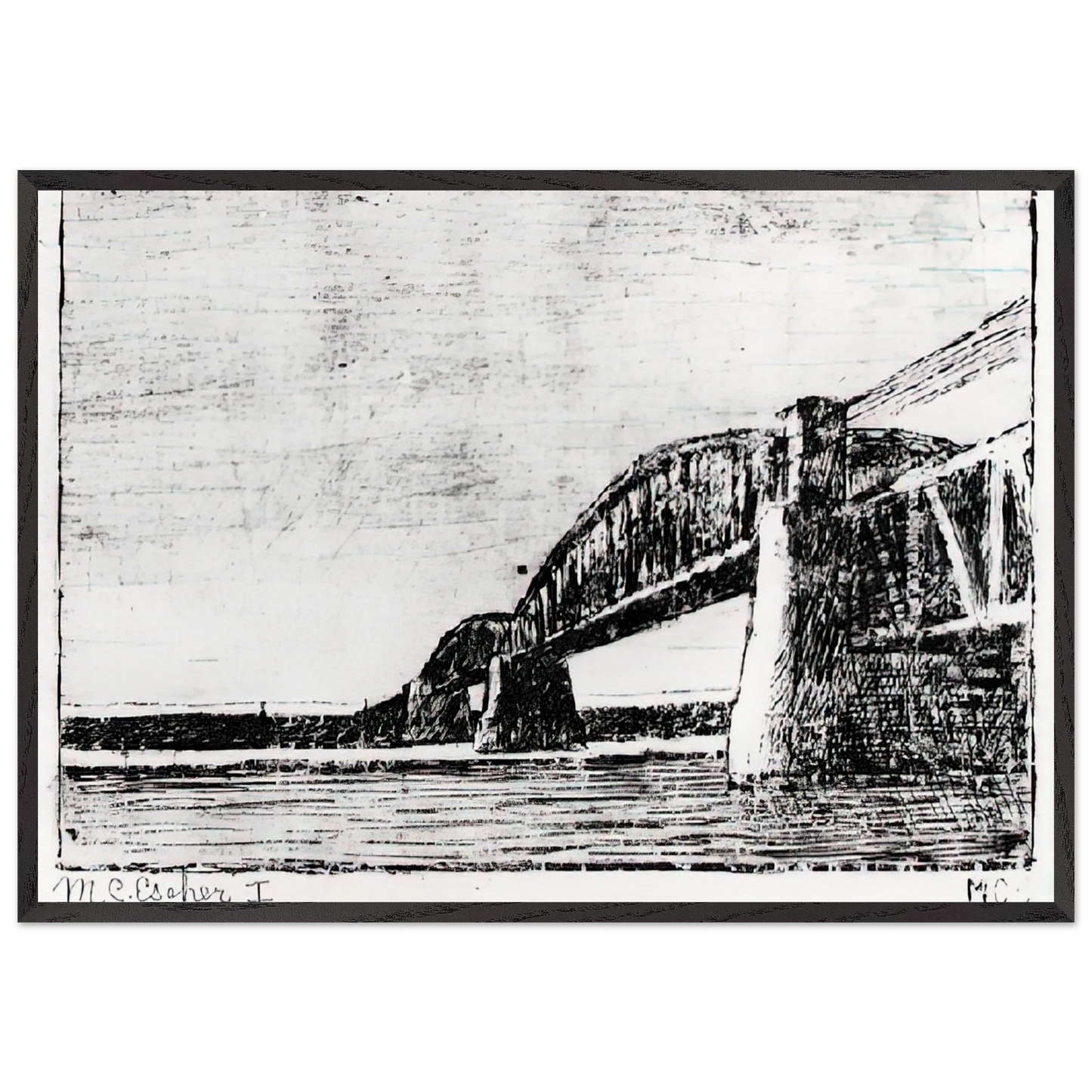 RAILWAY BRIDGE OOSTERBEEK - MC Escher 70x100 cm / 28x40 inches Framed Art Print – Black Wooden Frame | Maurits Cornelis Escher Prints
