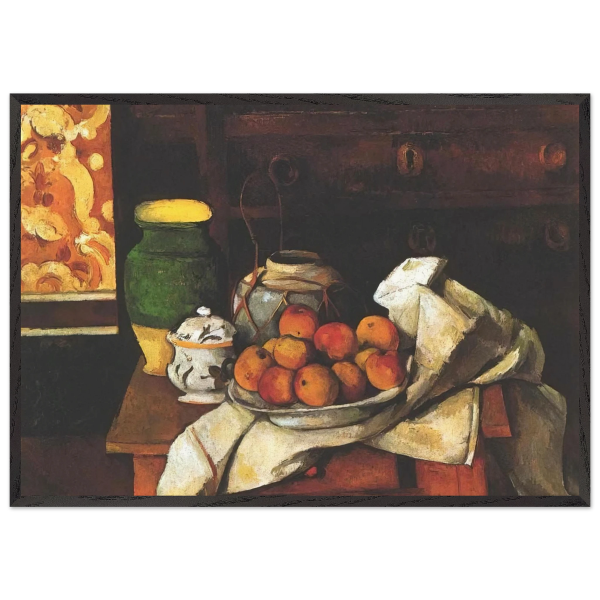 Still life in front of a chest of drawers - Paul Cezanne 70x100 cm / 28x40 inches Framed Art Print – Black Wooden Frame
