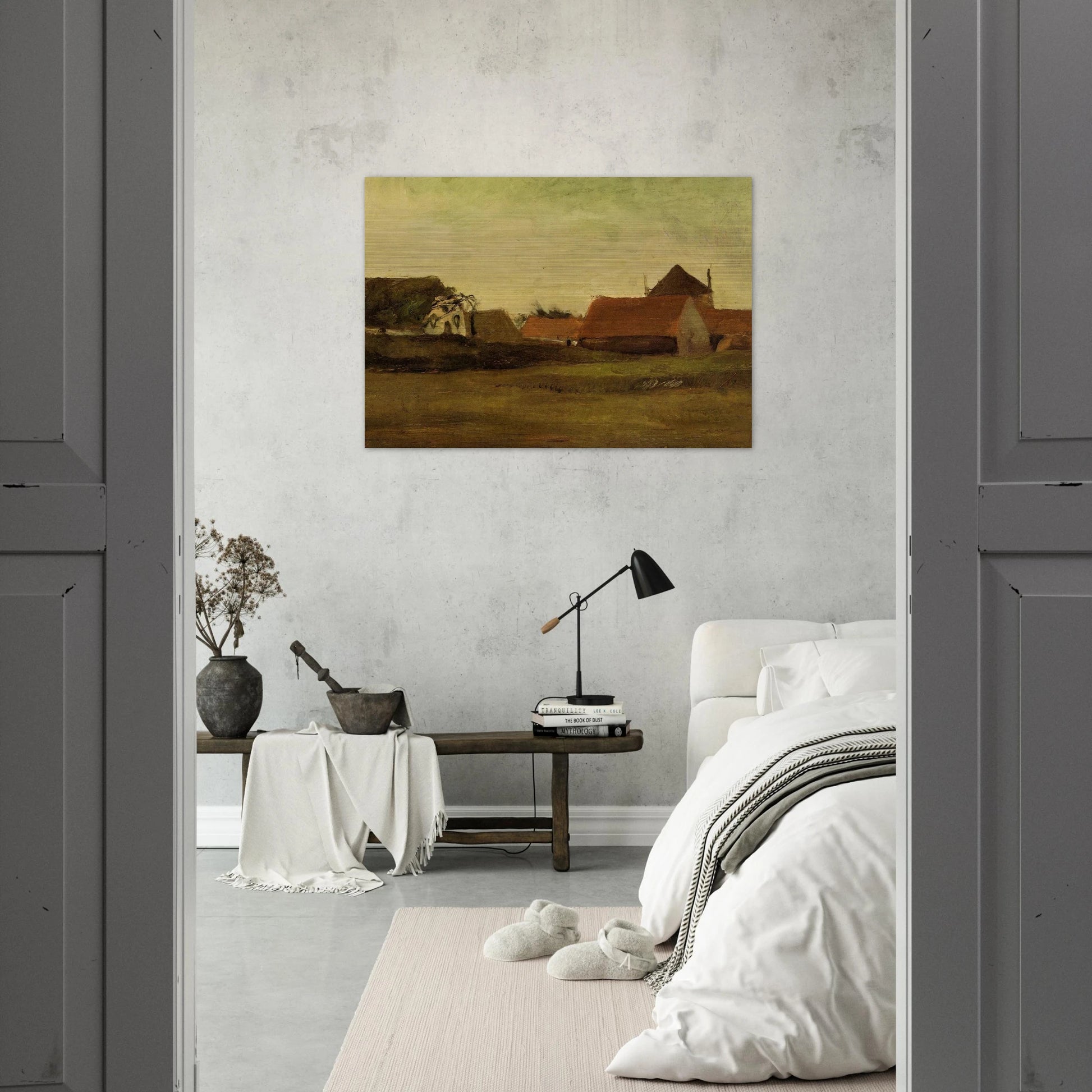 Farmhouses in Loosduinen near The Hague at Twilight - Vincent van Gogh Brushed Aluminum Print - 70x100 cm / 28x40 inches | Vincent van Gogh Aluminum Print | Vincent van Gogh Prints