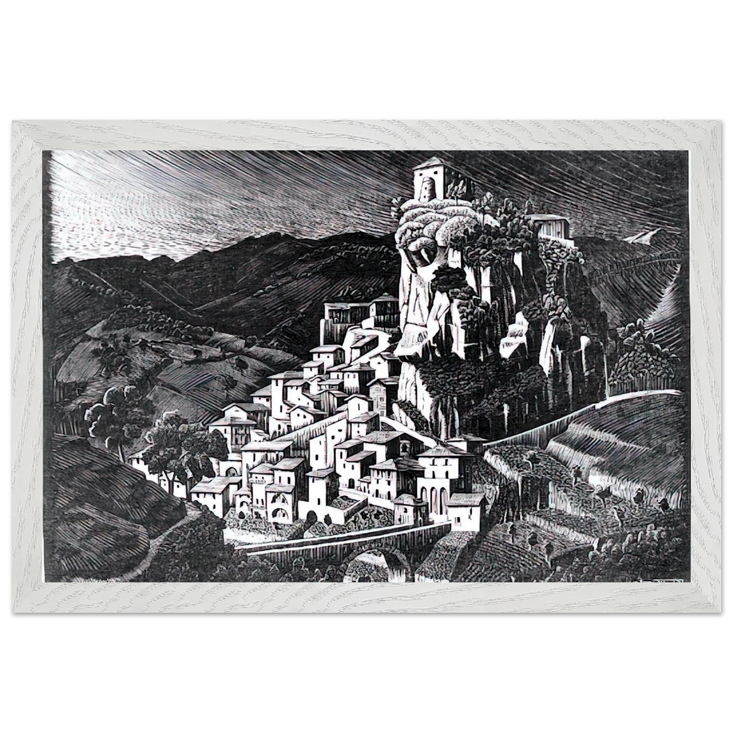 MC Escher - PALIZZI CALABRIA OCTOBER 1930 1930 Wall Art - 21x29.7 cm / 8x12" - Premium Wooden Framed Poster With Fine Art Paper - White frame