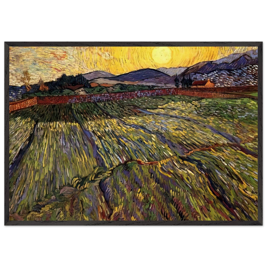 Wheat Field with Rising Sun - Vincent van Gogh 70x100 cm / 28x40 inches Framed Art Print – Black Wooden Frame