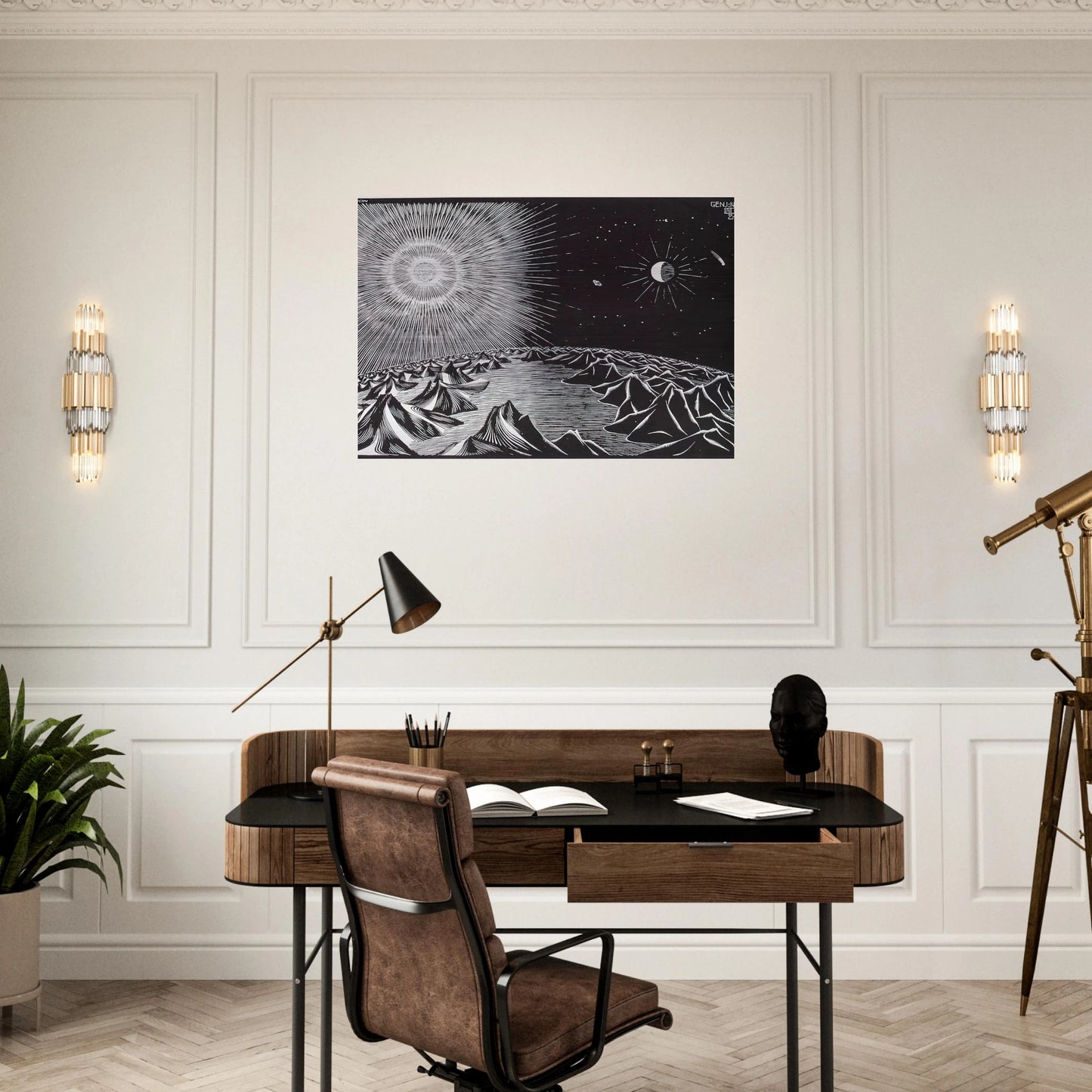 THE 4TH DAY OF THE CREATION - MC Escher Brushed Aluminum Print - 70x100 cm / 28x40 inches | MC Escher Aluminum Print | MC Escher Prints | Maurits Cornelis Escher Prints
