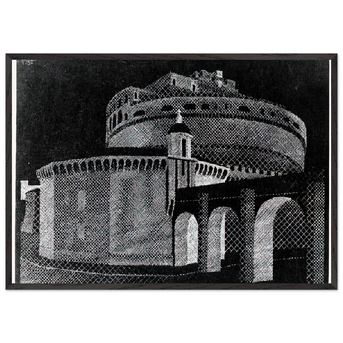 NOCTURNAL ROME CASTEL SANT ANGELO - MC Escher 70x100 cm / 28x40 inches Framed Art Print – Black Wooden Frame | Maurits Cornelis Escher Prints