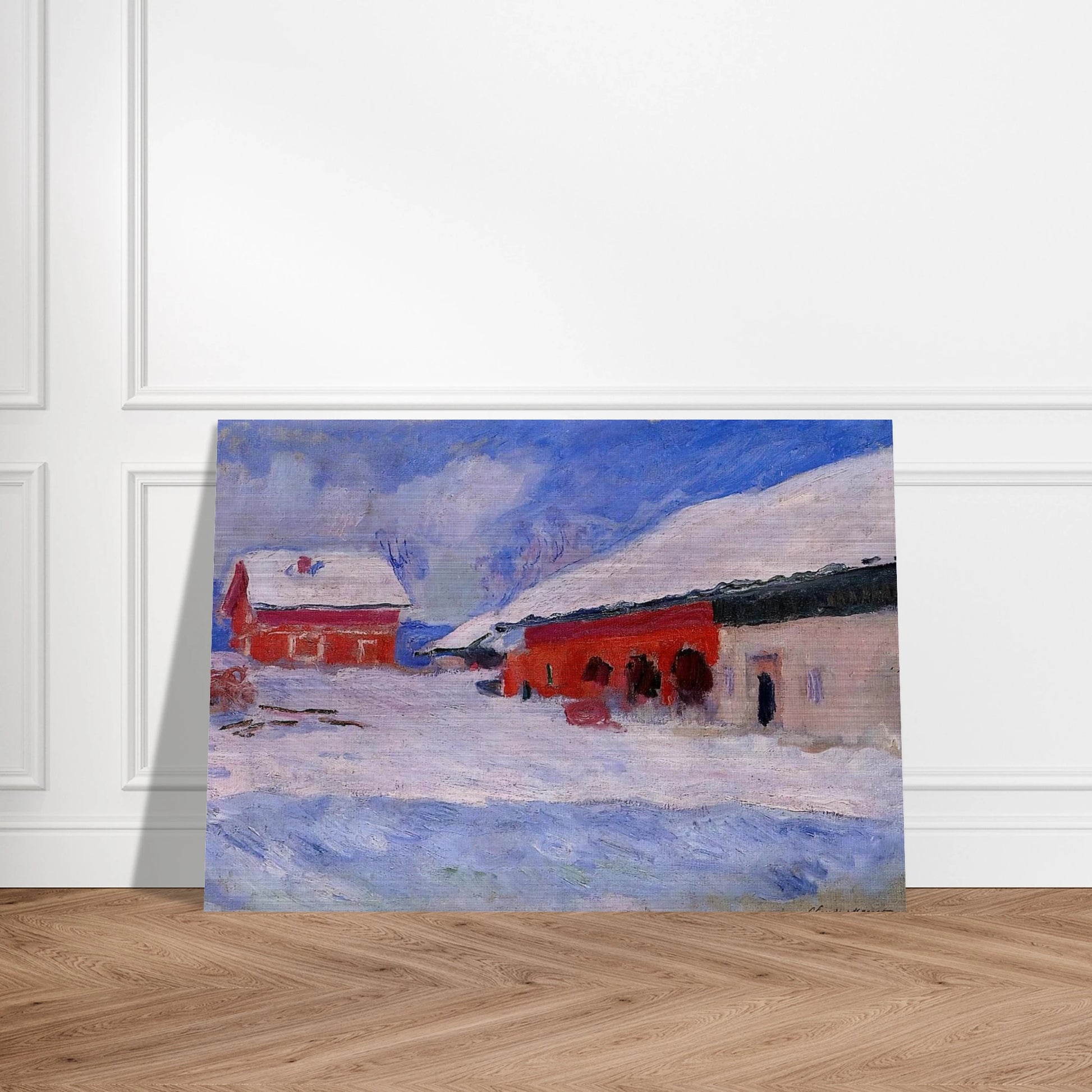 Red Houses at Bjornegaard in the Snow, Norway - claude monet Brushed Aluminum Print - 70x100 cm / 28x40 inches | claude monet Aluminum Print | claude monet Prints