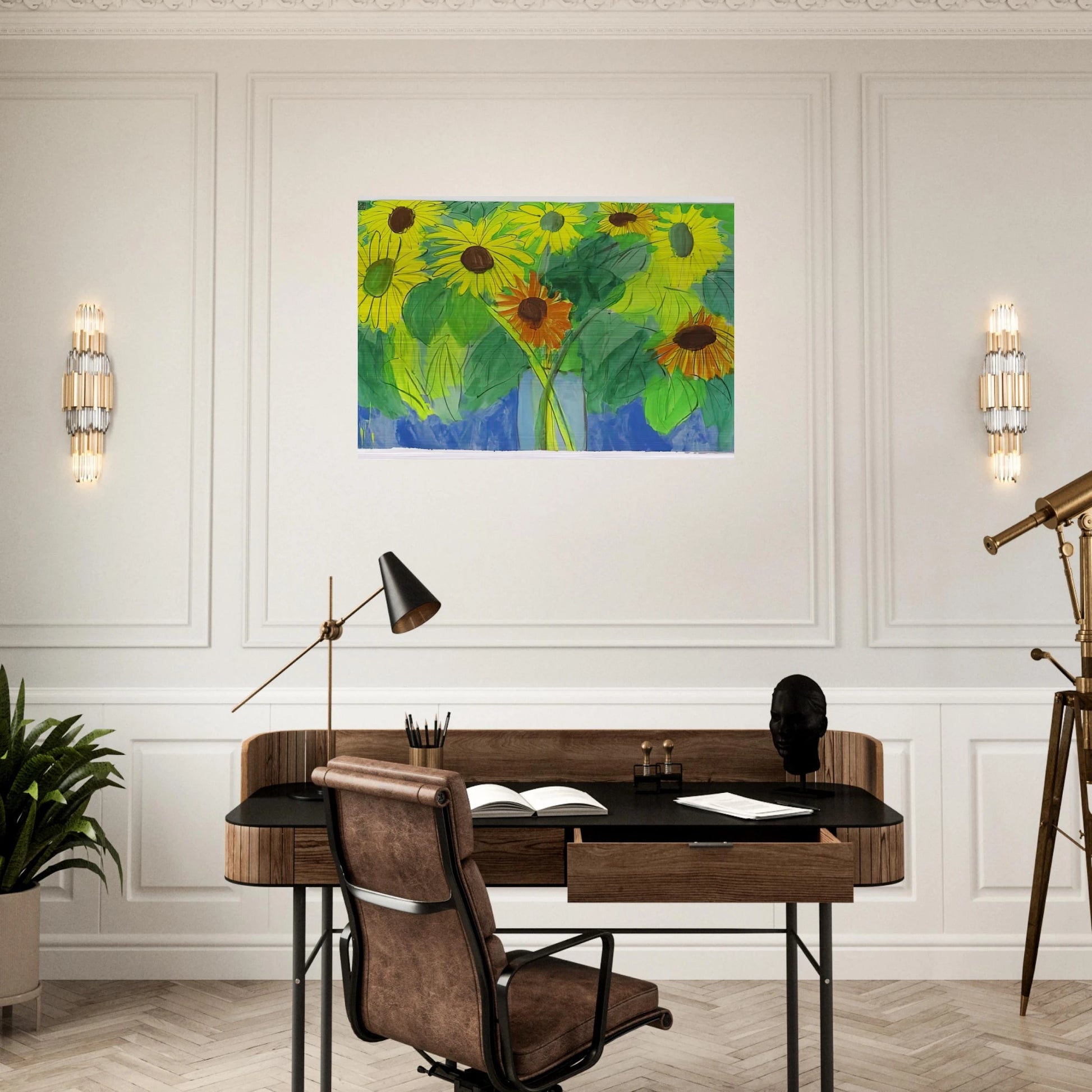 Orange and Yellow Sunflowers - Naïve Art Primitivism, Pop Art - Walasse Ting Brushed Aluminum Print - 70x100 cm / 28x40 inches | Walasse Ting Aluminum Print | Walasse Ting Prints