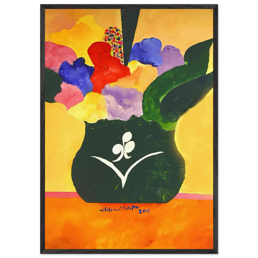 Green Vase With Flowers and Fruit - 2001 - Aldemir Martins 70x100 cm / 28x40 inches Framed Art Print – Black Wooden Frame
