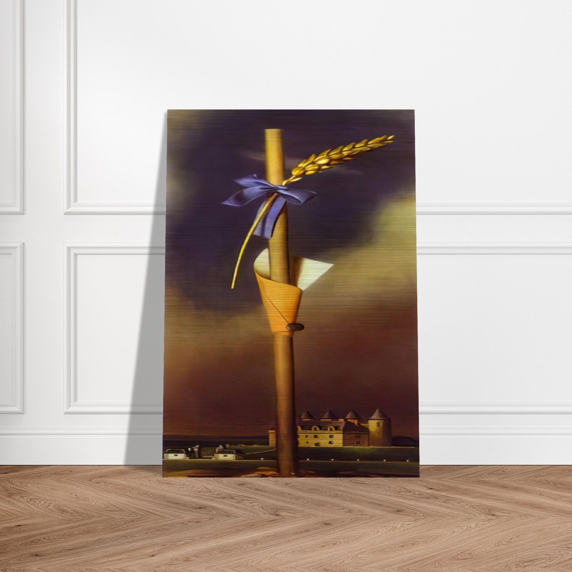 BLUE KNOT AND EAR OF WHEAT NEXT TO THE CASTLE - Salvador Dali Brushed Aluminum Print - 70x100 cm / 28x40 inches | Salvador Dali Aluminum Print | Salvador Dali Prints
