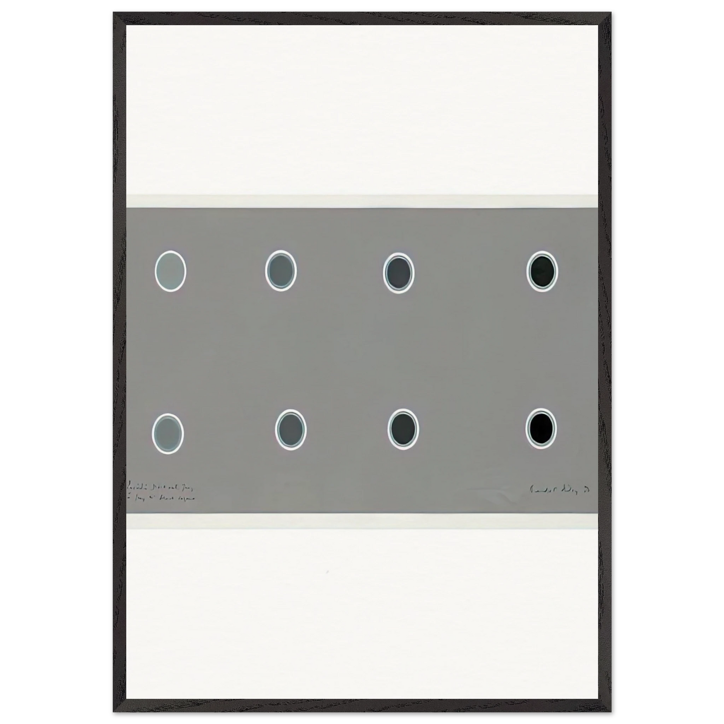 ENCIRCLING DISCS WITH GREY IN GREY TO BLACK SEQUENCE 1970 - Bridget Riley 70x100 cm / 28x40 inches Framed Art Print – Black Wooden Frame