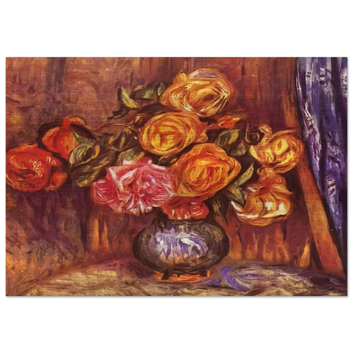 Roses Before the Blue Curtain - Pierre-Auguste Renoir Brushed Aluminum Print - 70x100 cm / 28x40 inches | Pierre-Auguste Renoir Aluminum Print | Pierre-Auguste Renoir Prints