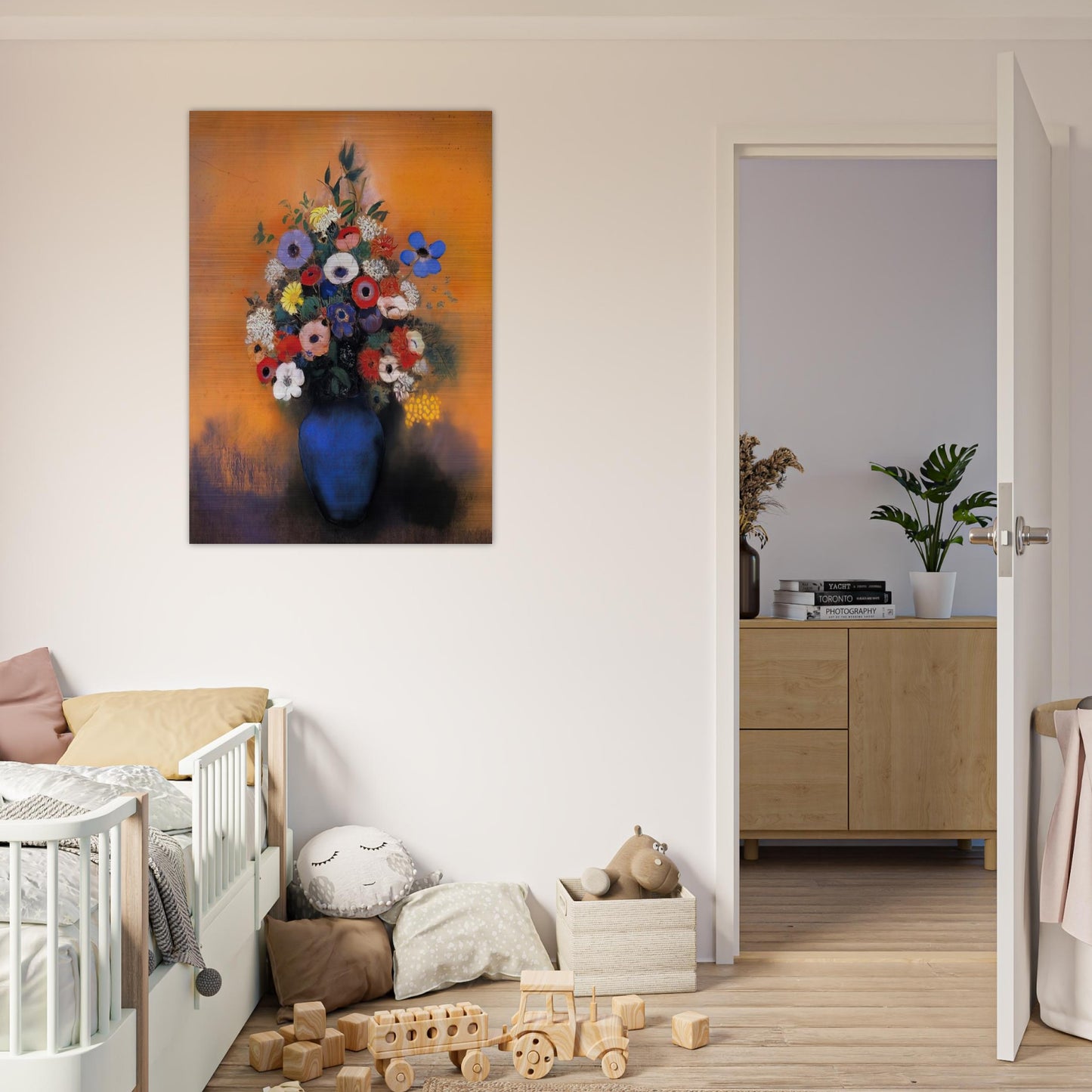 MINOSAS ANEMONIES AND LEAVES IN A BLUE VASE - Odilon Redon Brushed Aluminum Print - 70x100 cm / 28x40 inches | Odilon Redon Aluminum Print | Odilon Redon Prints